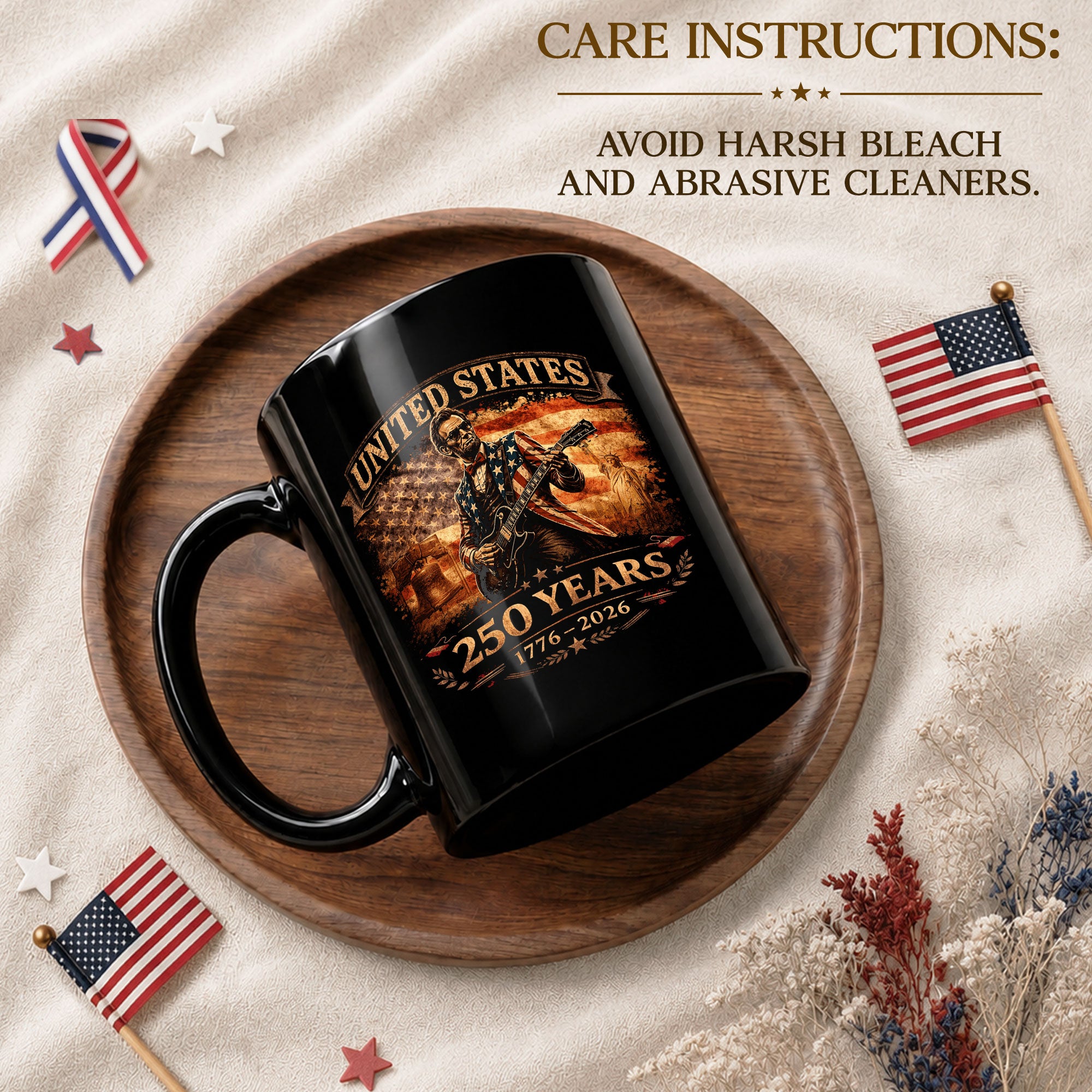 Lincoln Guitar Ceramic Mug - Patriotic Statue Liberty Flag Vintage Beverage Cup - Rust Field Wear