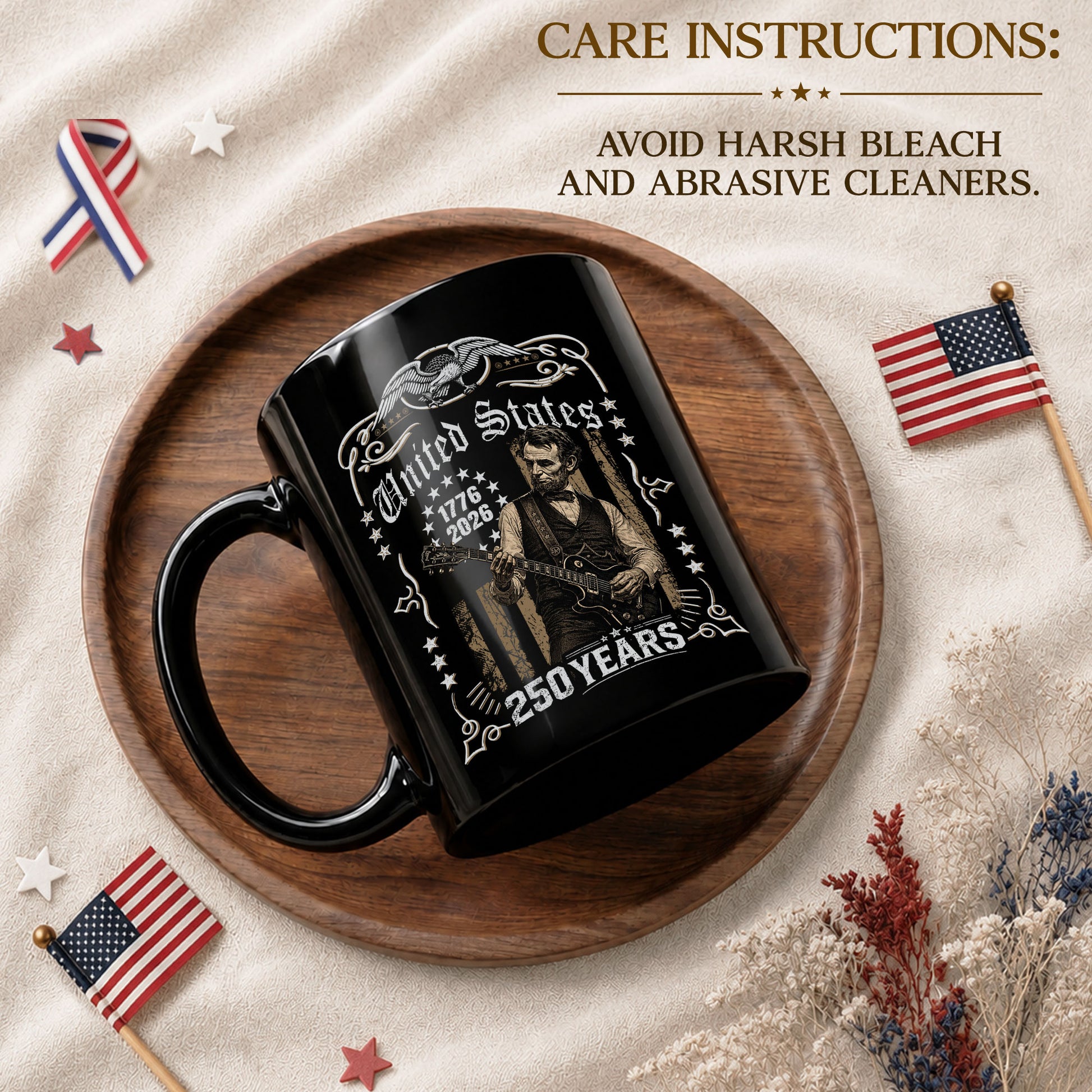 Historic Lincoln Guitar Ceramic Mug - Patriotic Eagle Flag Anniversary Beverage Cup - Rust Field Wear