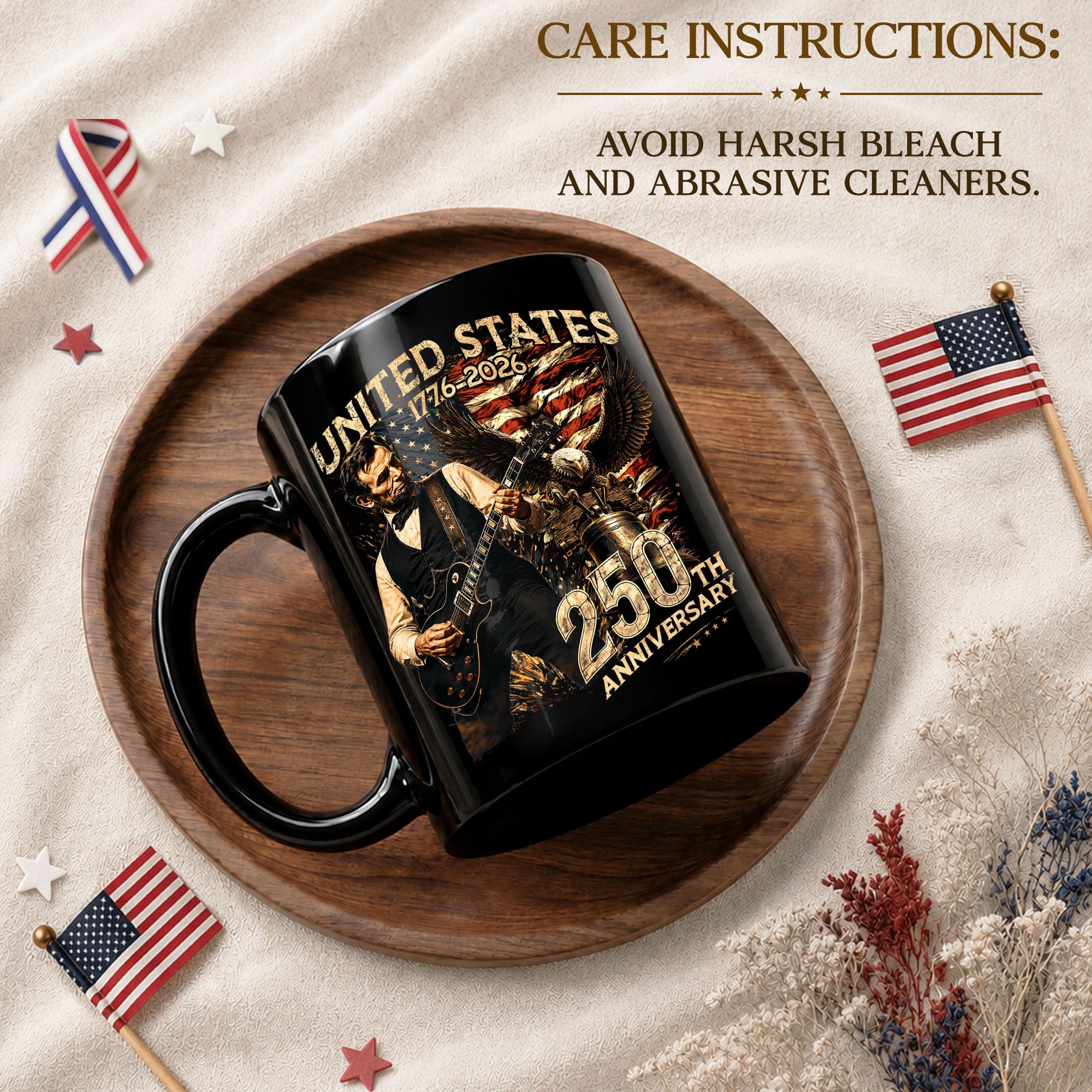 US 250th Anniversary Mug 1776-2026 Vintage United States Lincoln Guitar Bald Eagle Bell