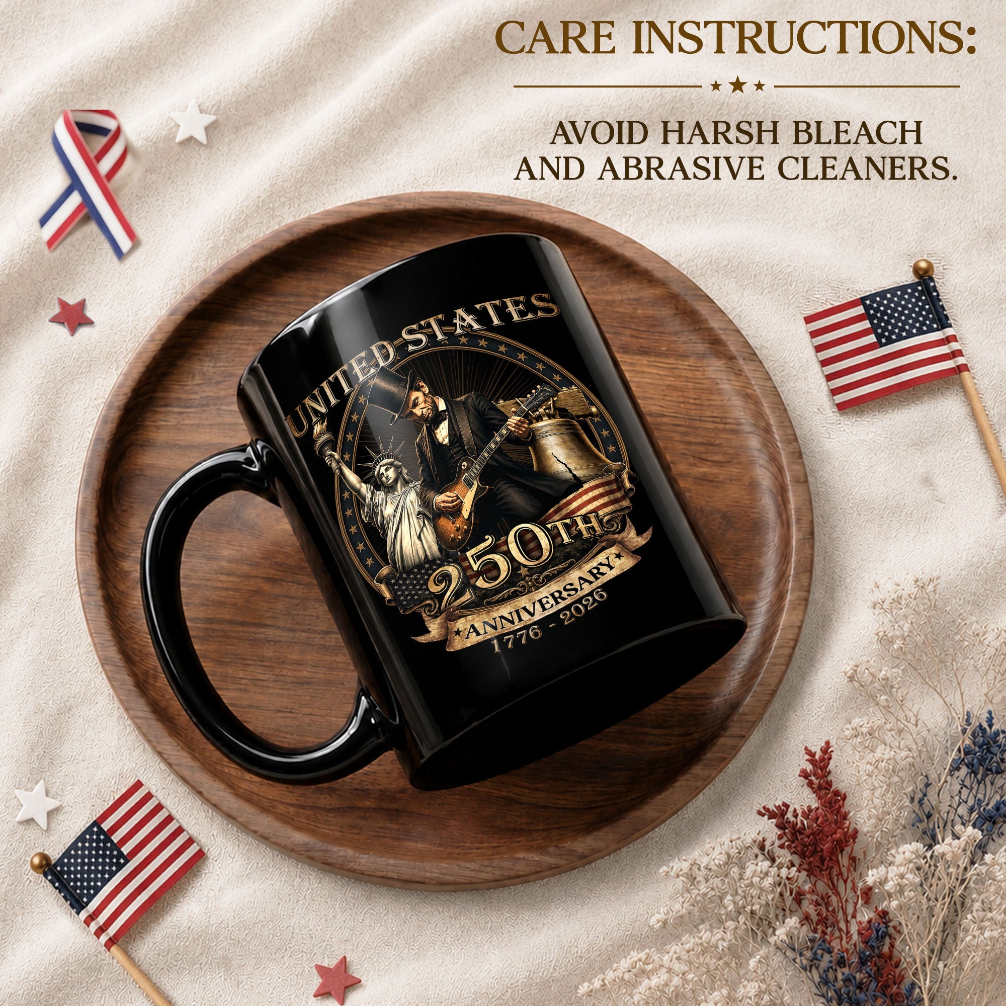Patriotic Mug 250 Years 1776-2026 United States Statue Of Liberty Lincoln Rock Guitar - Rust Field Wear