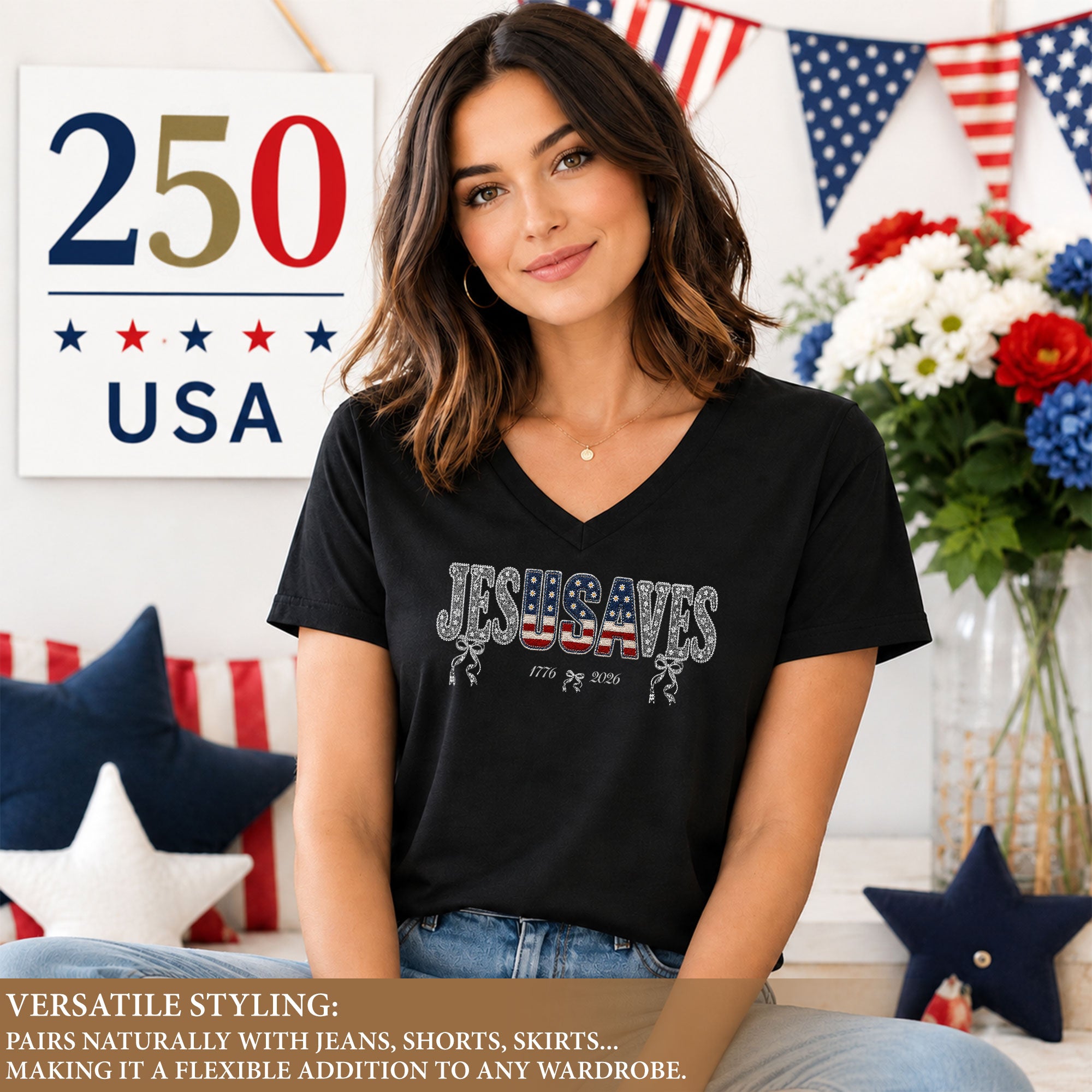 Jesus Saves Patriotic V-Neck Tee - 1776-2026 American Faith & Freedom Graphic Cotton Shirt