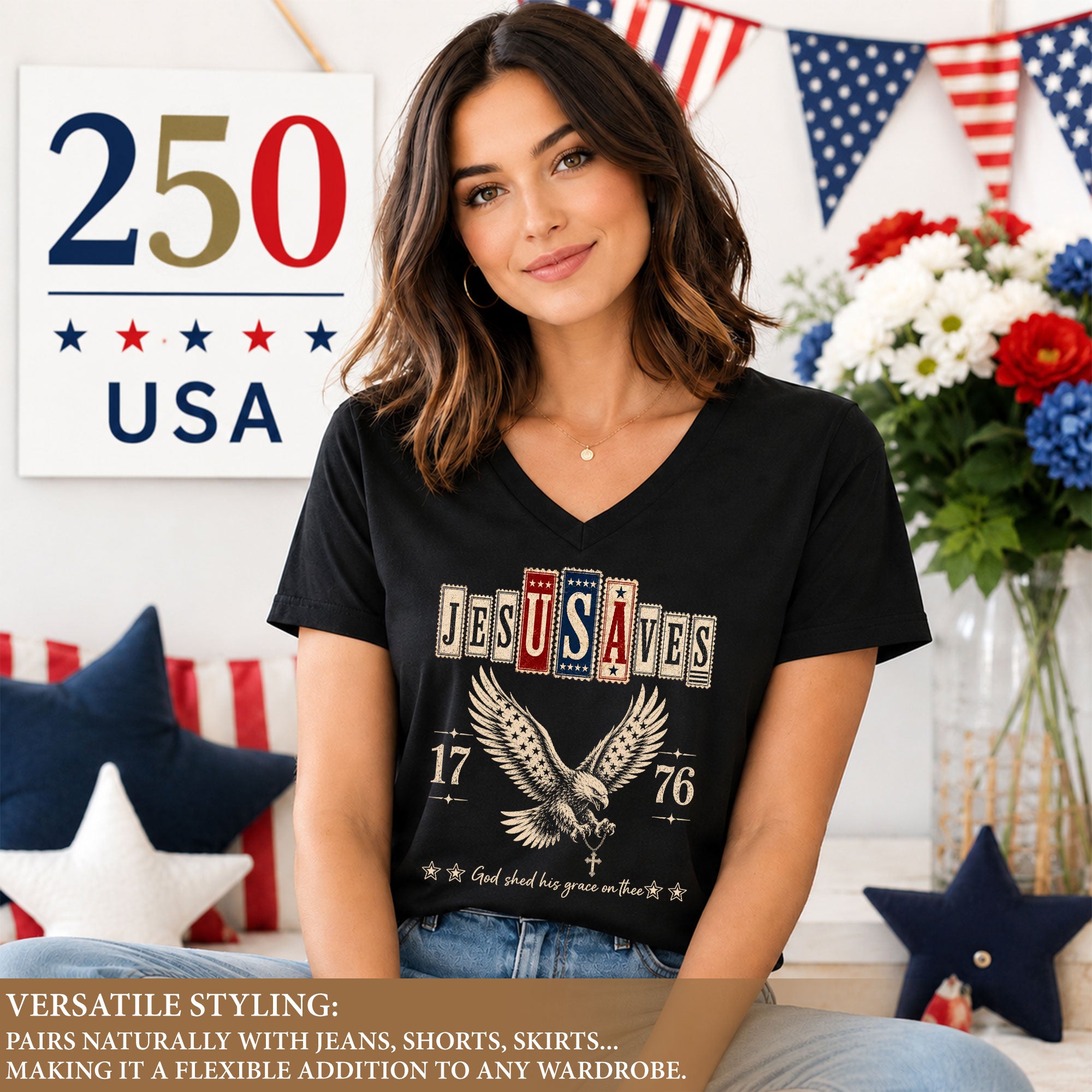 Jesus Saves Patriotic V-Neck Tee - Eagle & Cross 1776 American Heritage Graphic Cotton Shirt