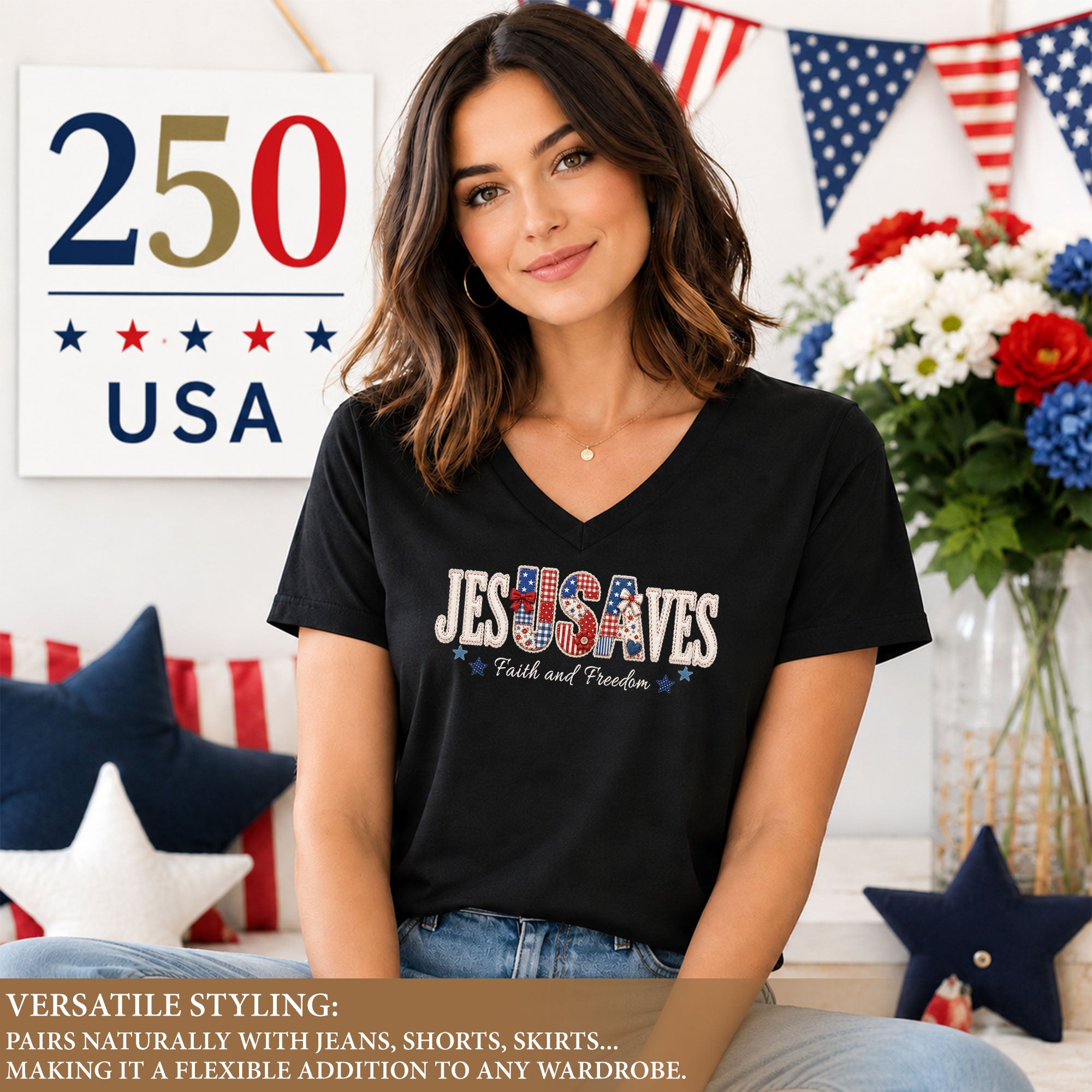 Jesus Saves Faith and Freedom V-Neck Tee - Patriotic Quilt Style Graphic Cotton Apparel