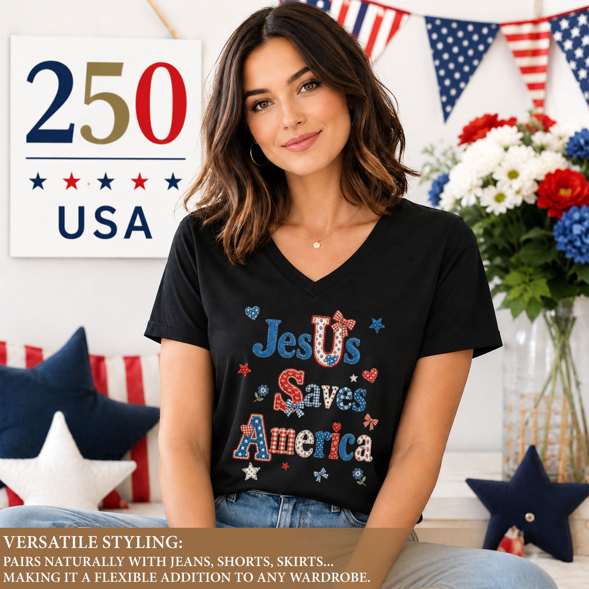 Jesus Saves America V-Neck Tee - Patriotic Patchwork Graphic Heritage 1776-2026 Cotton Shirt