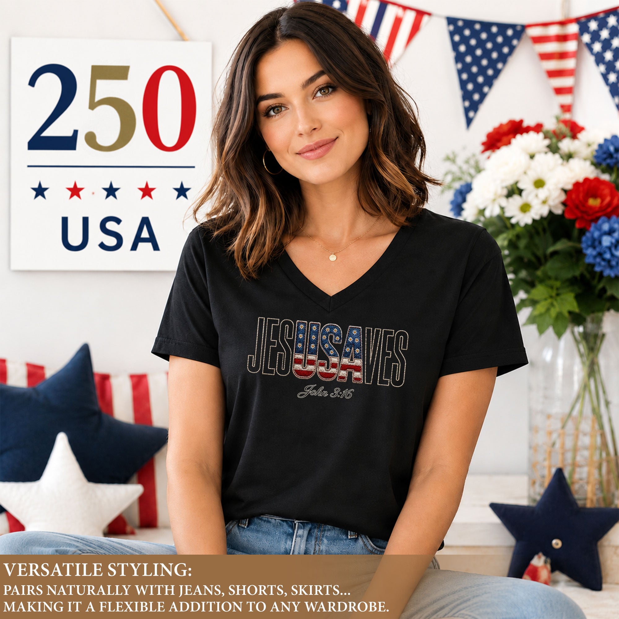 Jesus Saves USA Flag V-Neck T-Shirt John 3:16 Patriotic Graphic Tee Faith Apparel