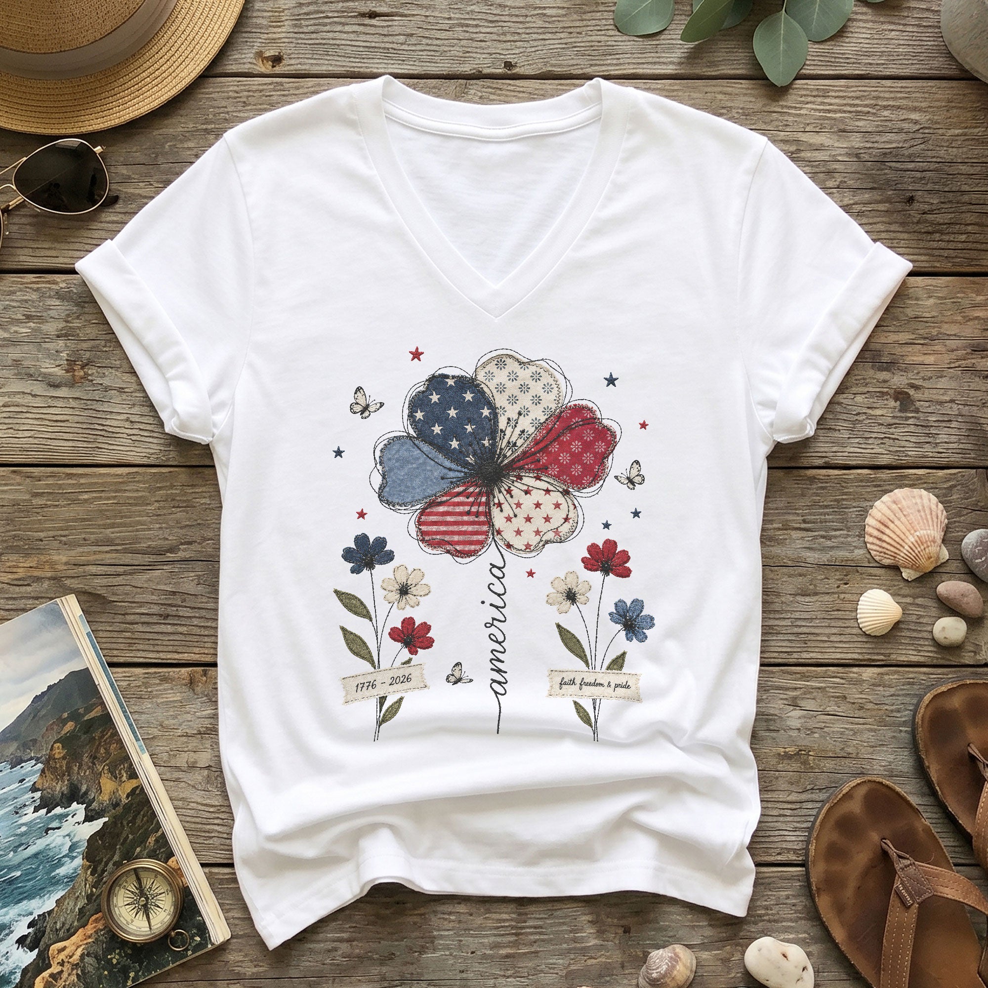 Patriotic V-Neck T-Shirt – Vintage Floral 1776-2026 Anniversary Graphic Tee for Women - Rust Field Wear