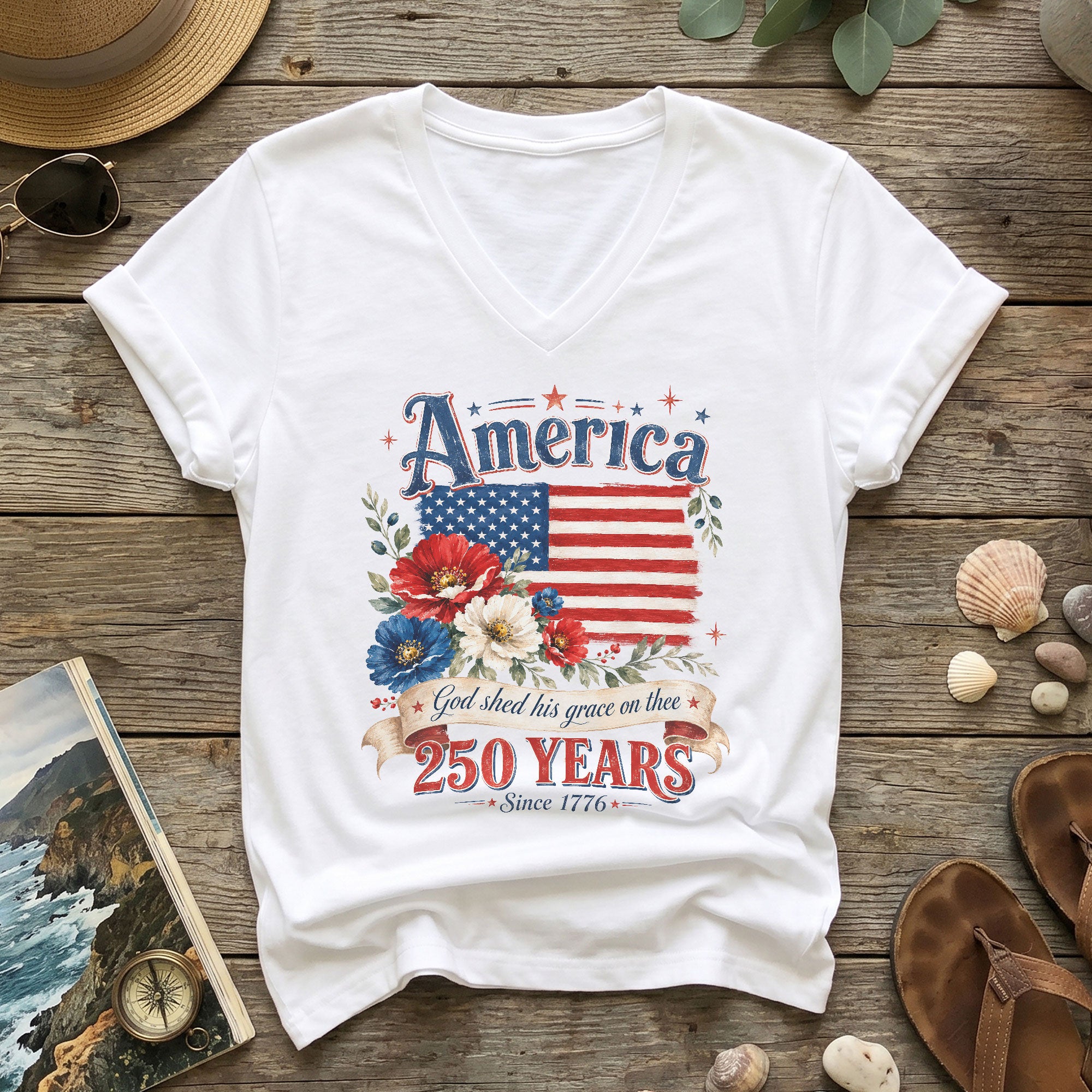 250 Years Since 1776 V-Neck T-Shirt – God Shed His Grace on Thee Patriotic Graphic - Rust Field Wear
