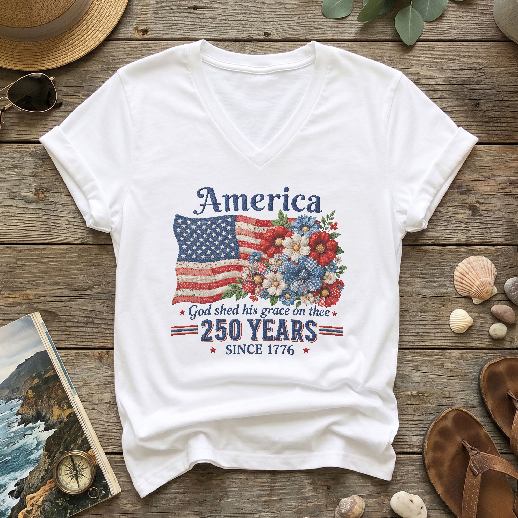 Patriotic Floral V-Neck T-Shirt – 250 Years Since 1776 God Shed His Grace on Thee - Rust Field Wear