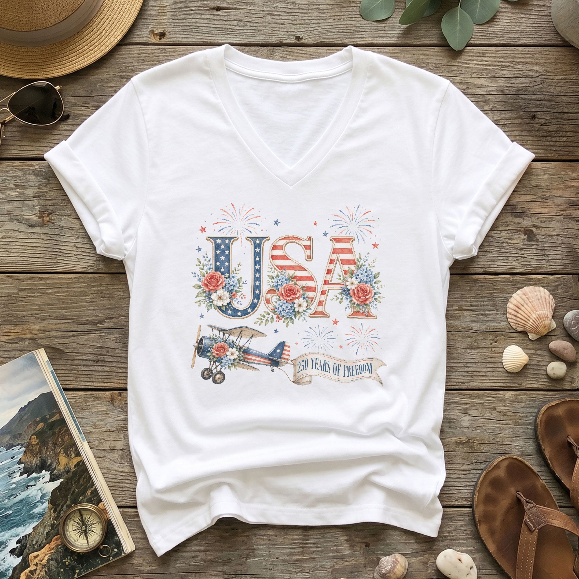 Floral USA 250 Years of Freedom V-Neck Tee – Patriotic Women's Anniversary Graphic - Rust Field Wear