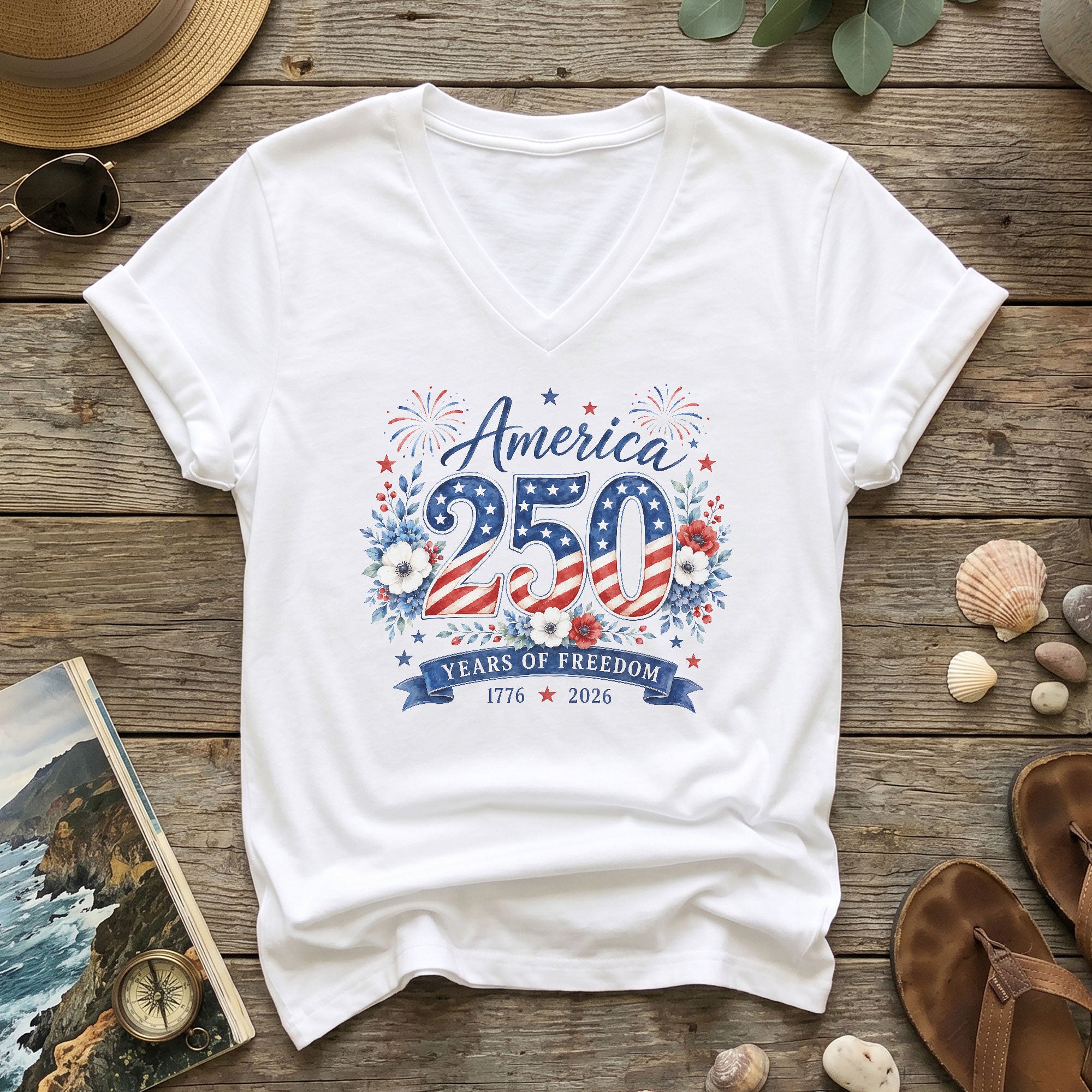 1776-2026 Floral V-Neck T-Shirt – Patriotic Years of Freedom Anniversary Tee - Rust Field Wear