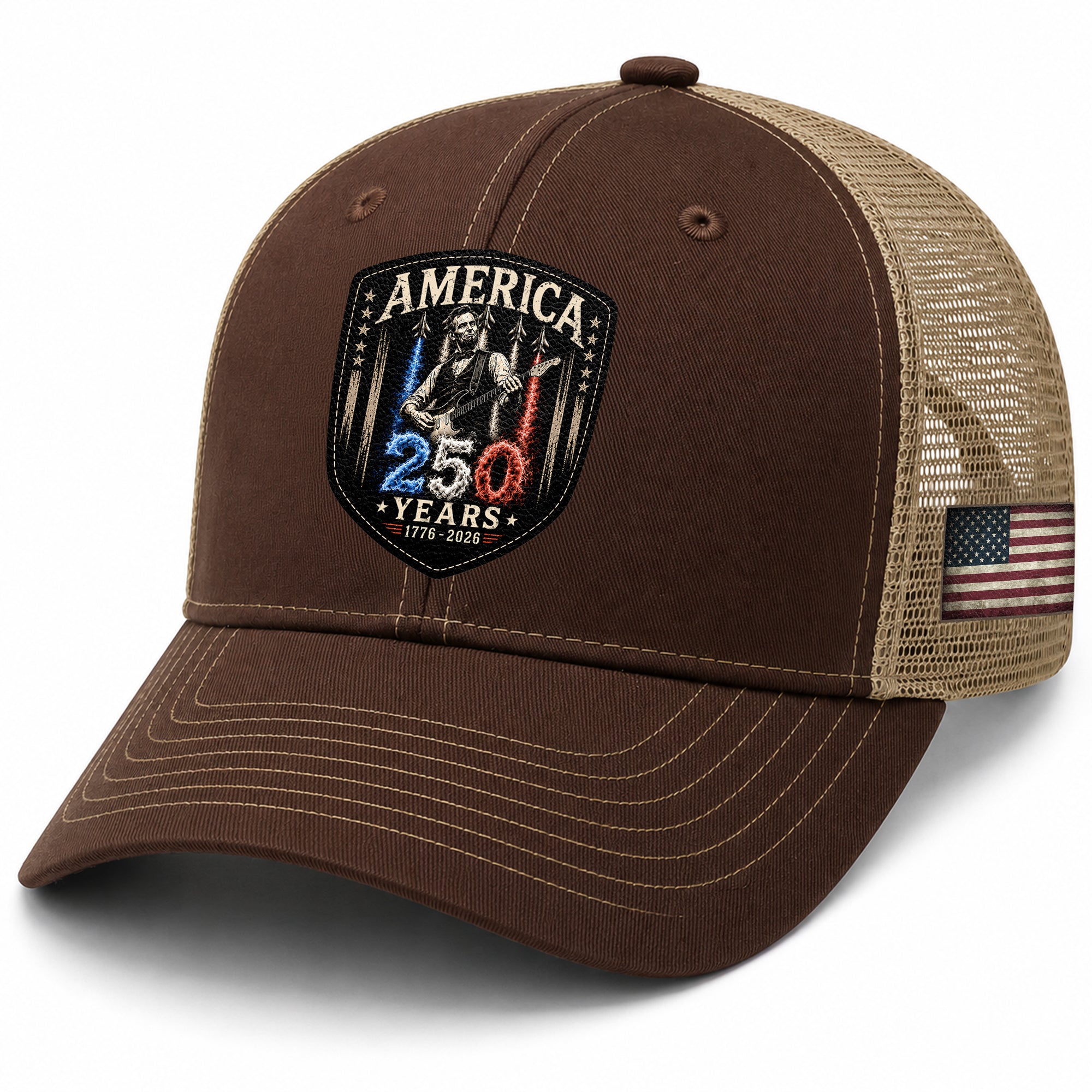 Leather Patch Hat Abraham Lincoln Guitar 1776-2026 Anniversary Cap Patriotic Brown Mesh