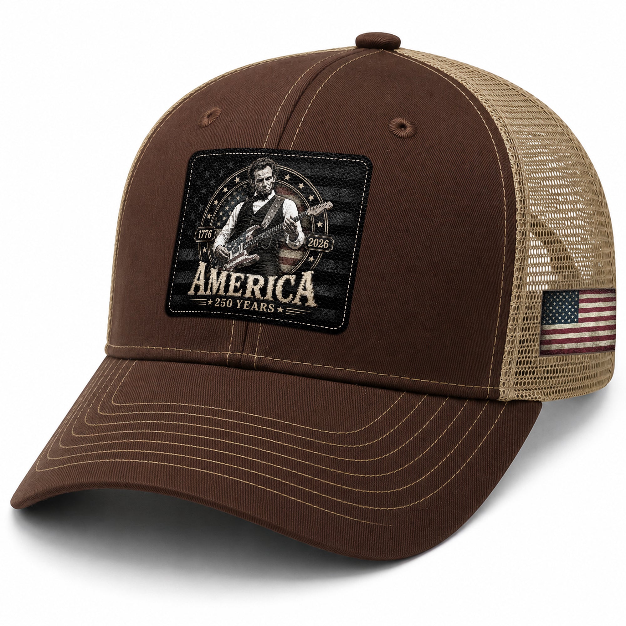 Brown Mesh Cap Abraham Lincoln Guitar 1776-2026 Anniversary Leather Patch Patriotic Hat