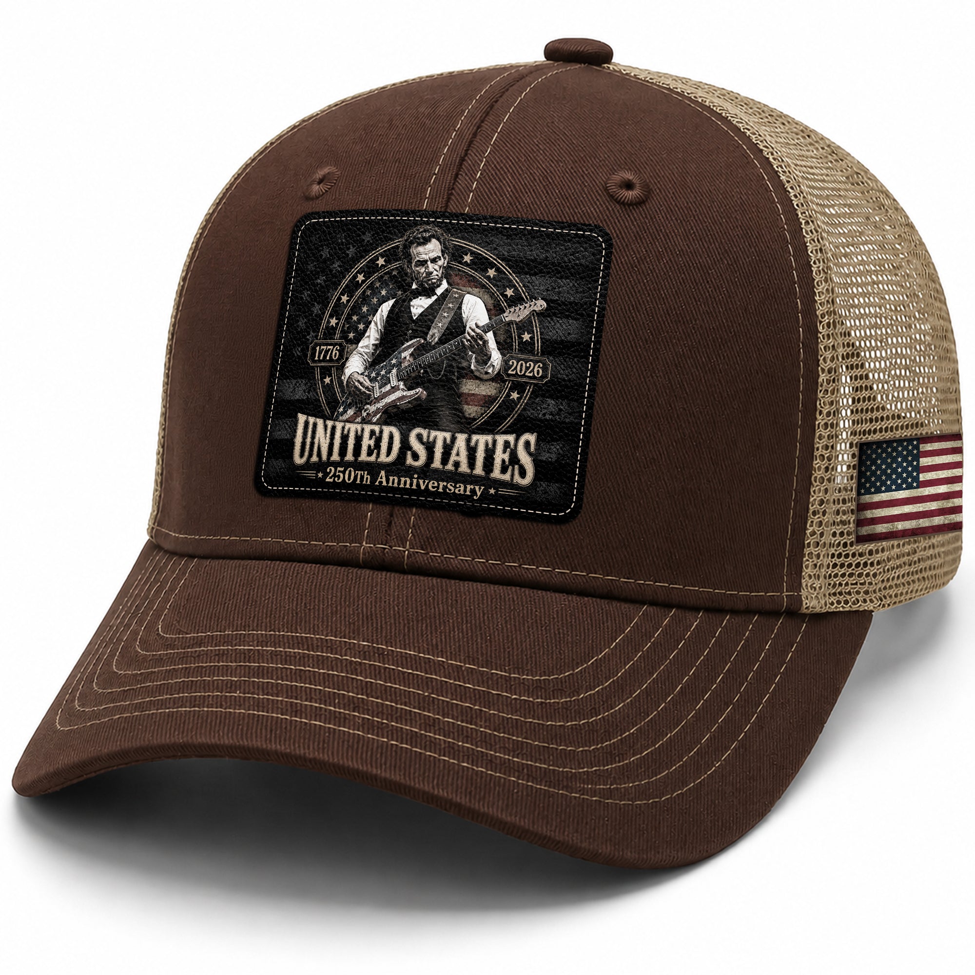 Brown Mesh Cap Abraham Lincoln Guitar 1776-2026 Anniversary Leather Patch Patriotic Hat - Rust Field Wear