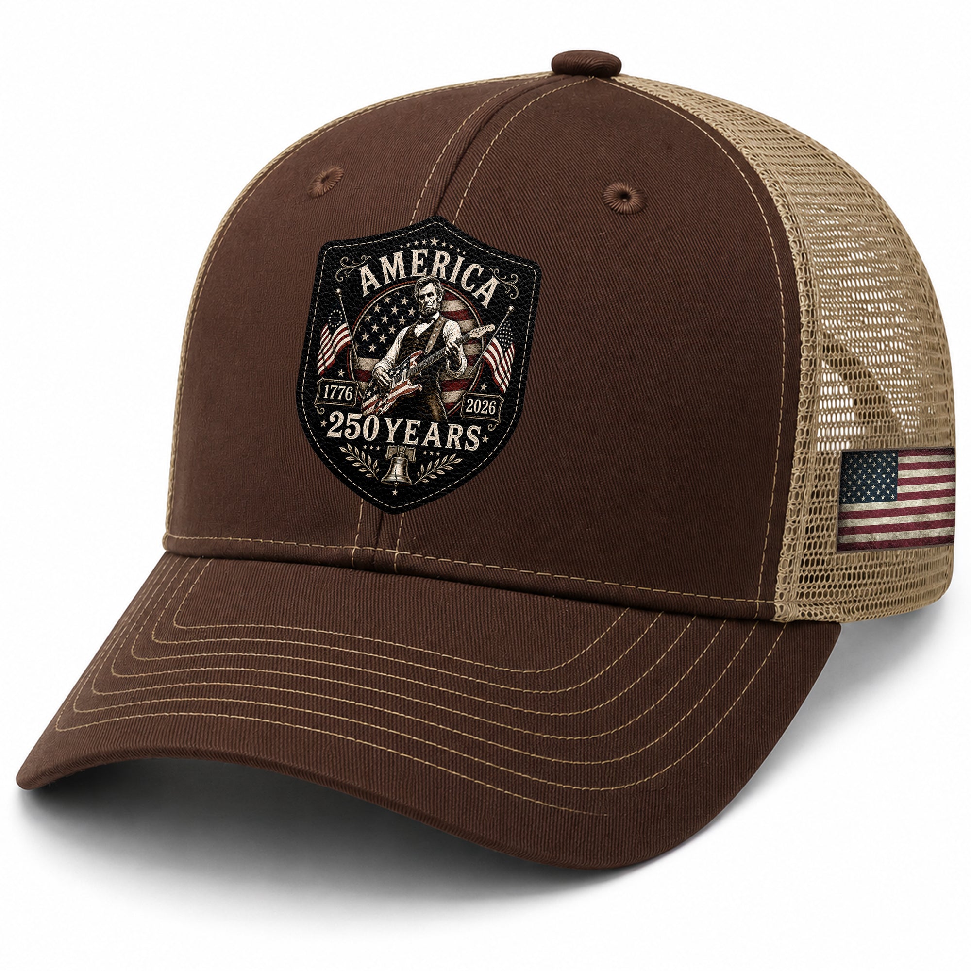 Historic Abraham Lincoln Guitar Leather Patch Cap Patriotic 1776-2026 Brown Mesh Trucker Hat