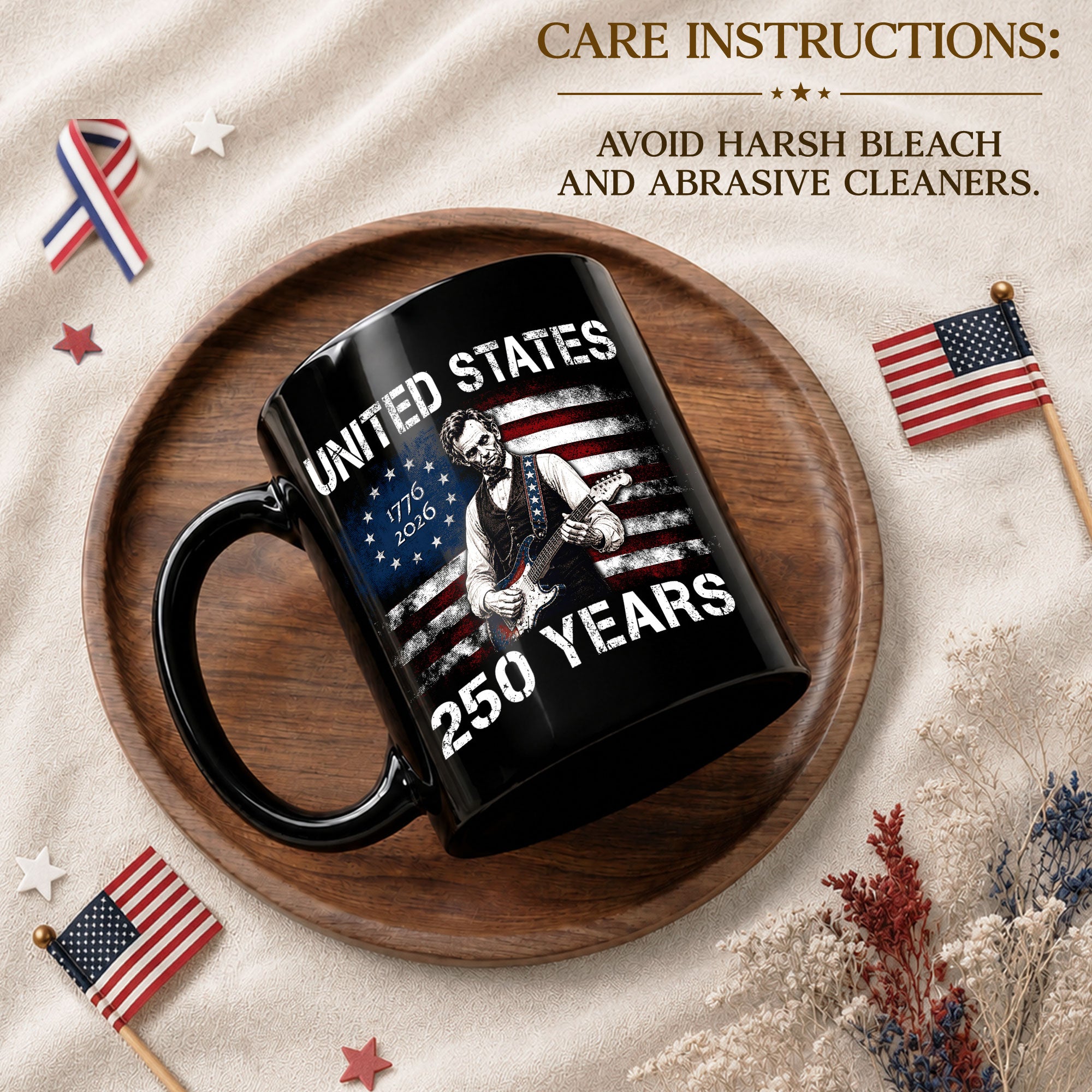 Abraham Lincoln Guitar 1776-2026 Anniversary Mug - Patriotic Drinkware for History Fans - Rust Field Wear