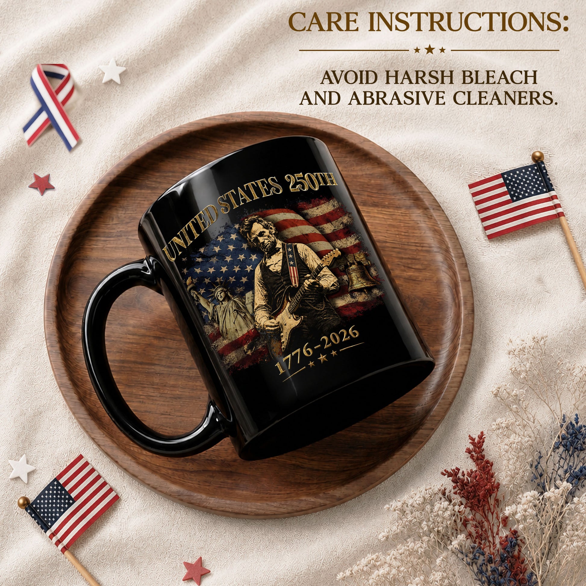 Historic USA 250th Anniversary 1776-2026 Lincoln Guitar Patriotic Symbols Mug Gift - Rust Field Wear