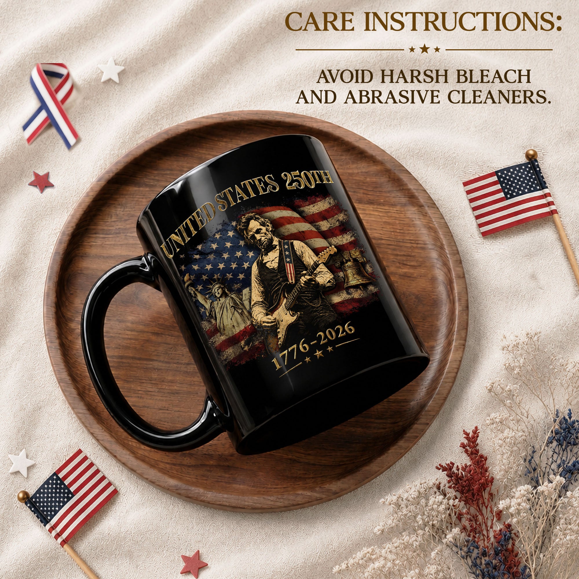Historic USA 250th Anniversary 1776-2026 Lincoln Guitar Patriotic Symbols Mug Gift - Rust Field Wear