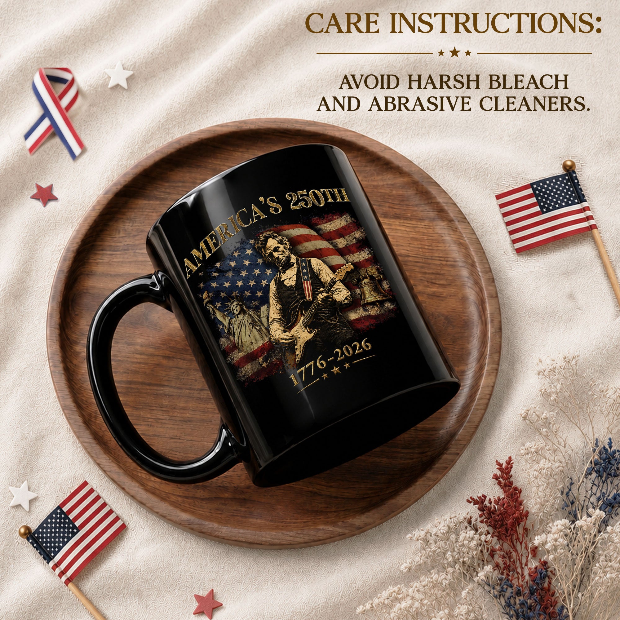 Historic USA 250th Anniversary 1776-2026 Lincoln Guitar Patriotic Symbols Mug Gift