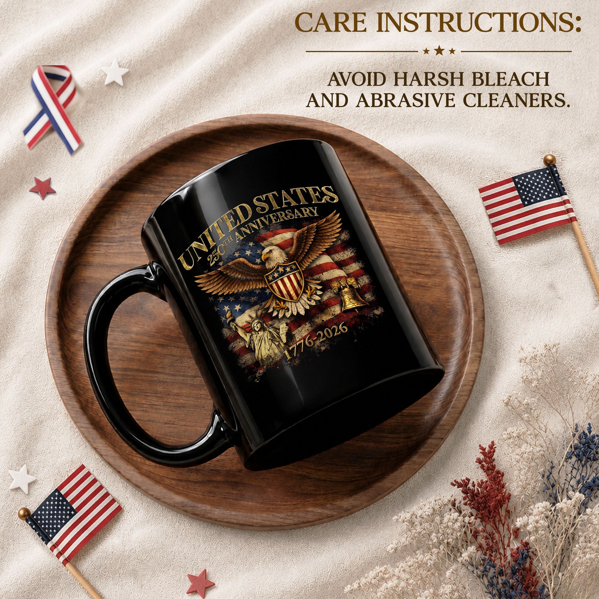 USA 250 Years 1776-2026 Patriotic Symbols Statue of Liberty Eagle Anniversary Mug