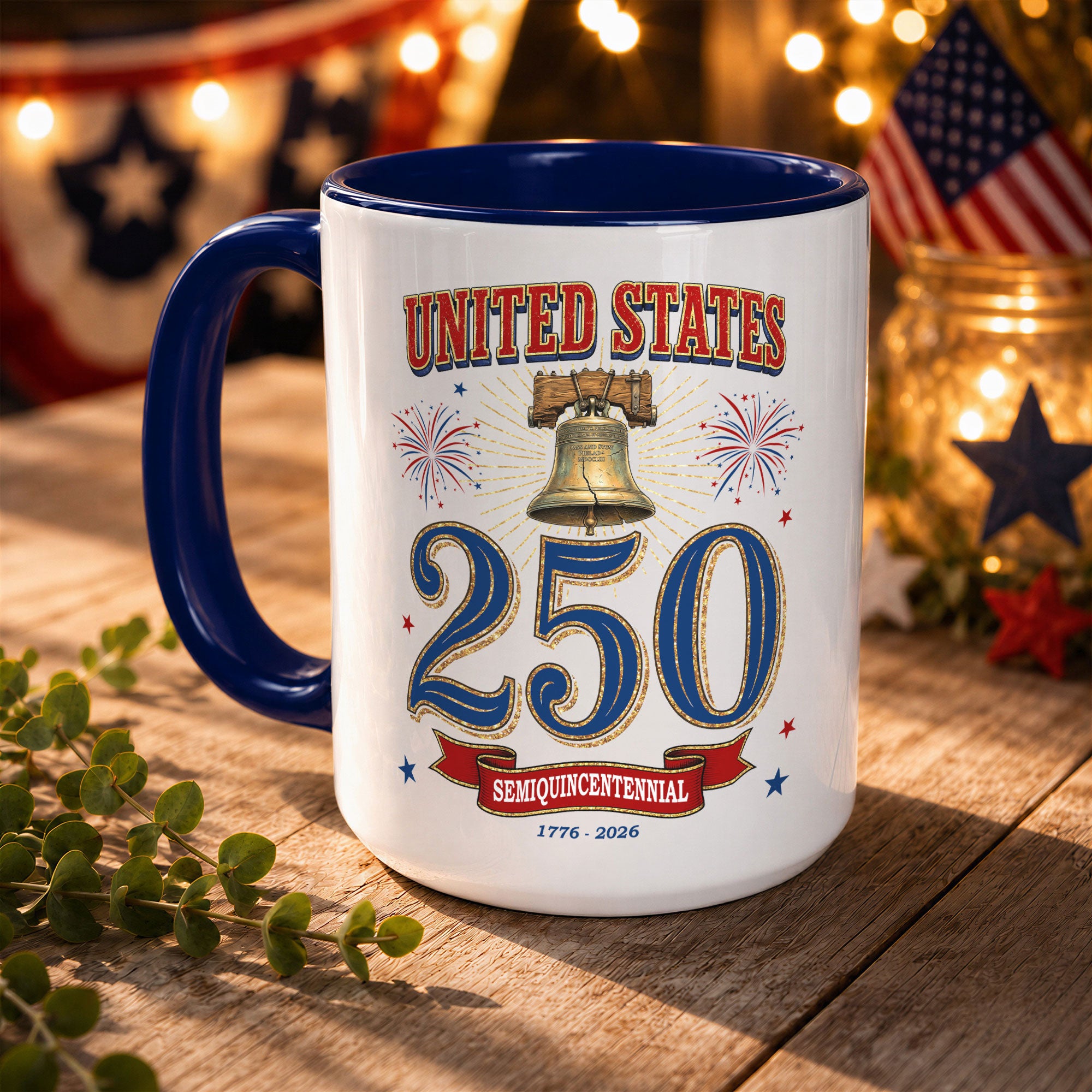 United States 1776 2026 Accent Mug Liberty Bell Patriotic Fireworks Gift Cup