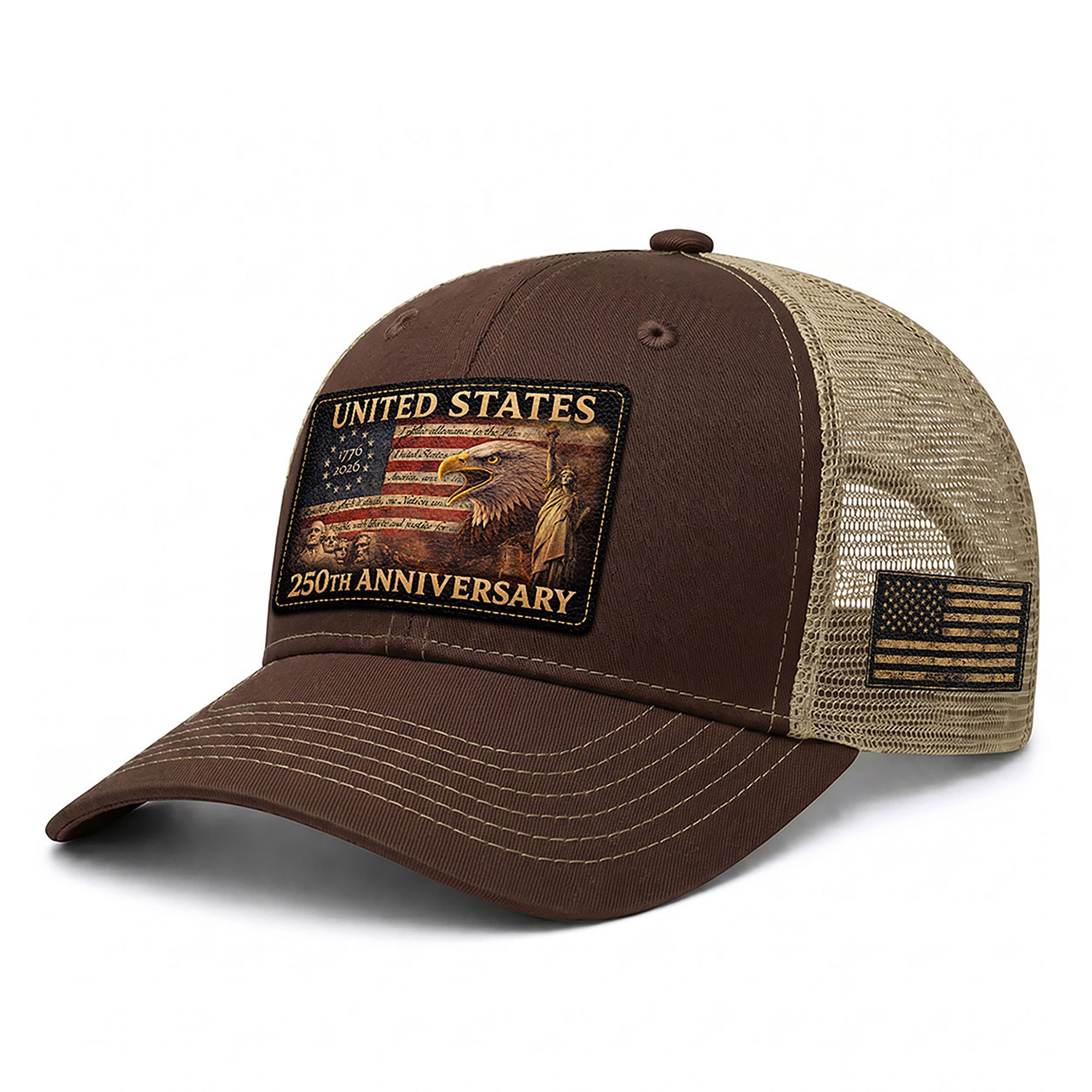 United States 250th Anniversary Leather Patch Hat Patriotic Eagle Mesh Trucker Cap
