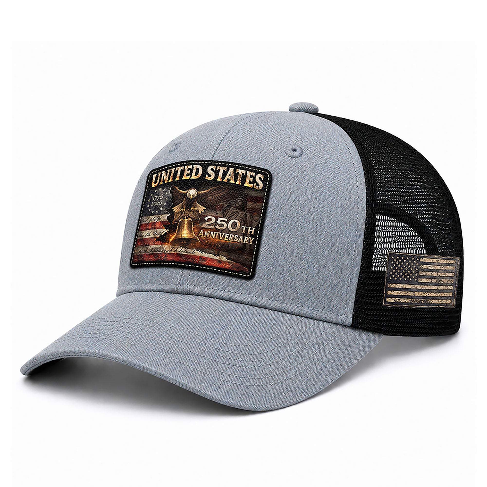 United States 250th Anniversary Leather Patch Hat Patriotic Eagle Bell Mesh Cap
