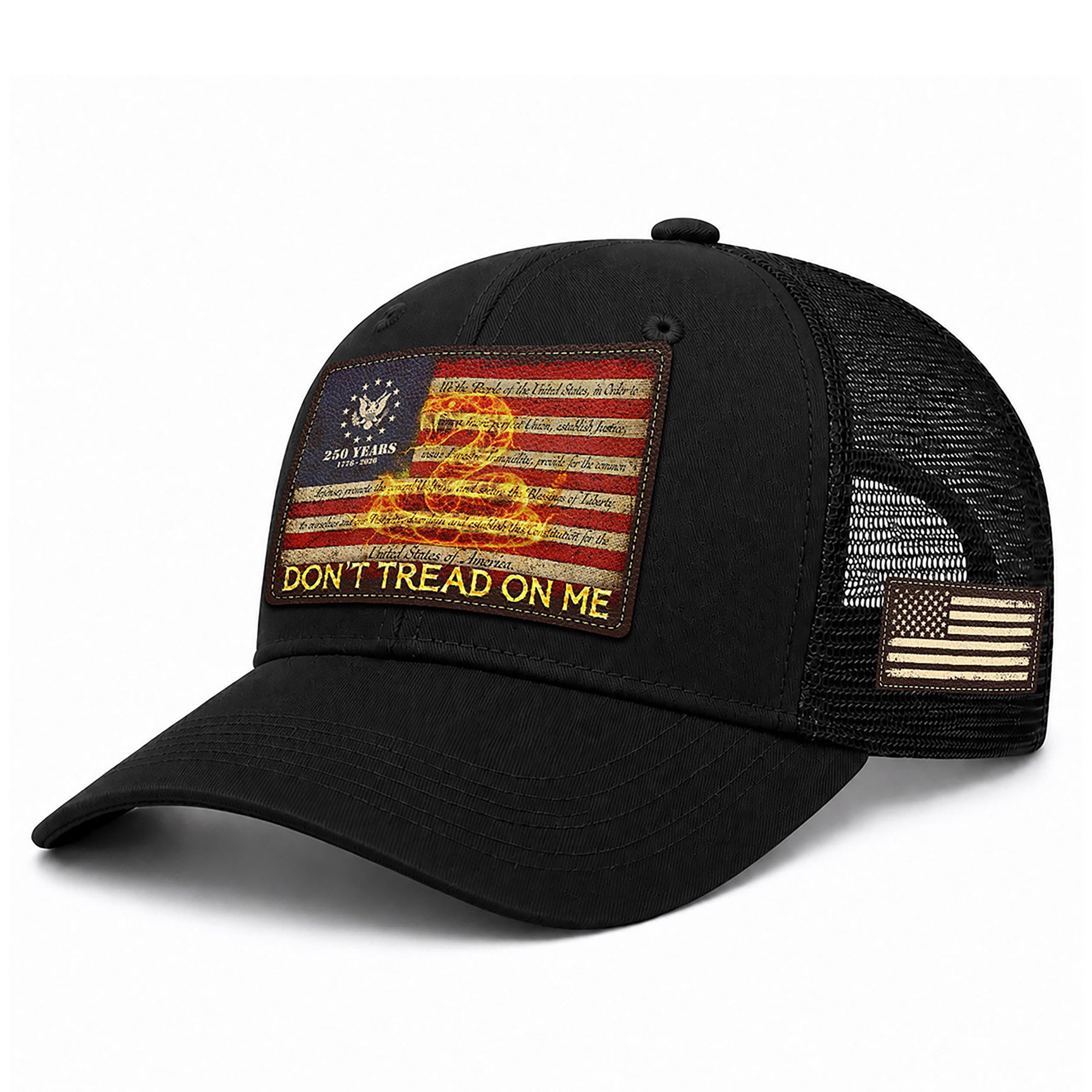 Don’t Tread On Me Leather Patch Hat 250th Anniversary Patriotic Mesh Trucker Cap