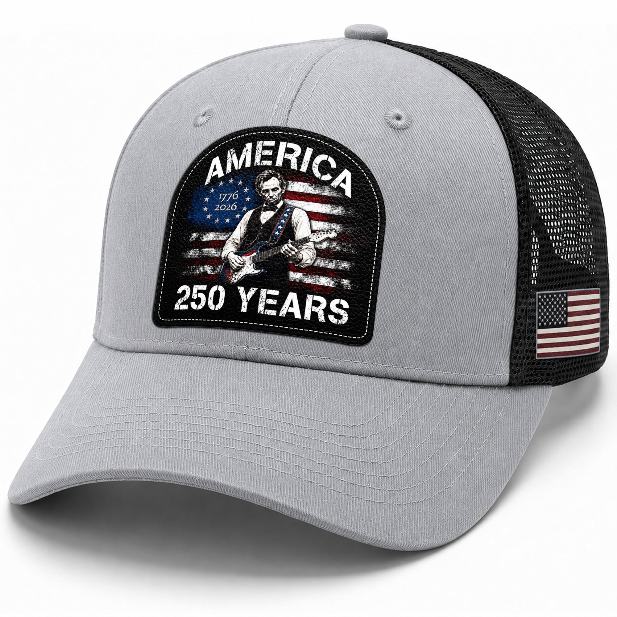 Lincoln Guitar Patch Hat America 250 Years 1776-2026 Patriotic Trucker Cap Mesh Back