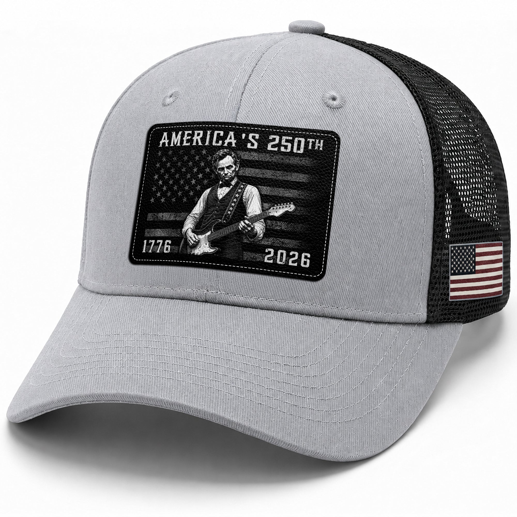 Grey Lincoln Guitar Anniversary Hat 1776-2026 Patriotic Trucker Cap - Iconic Design