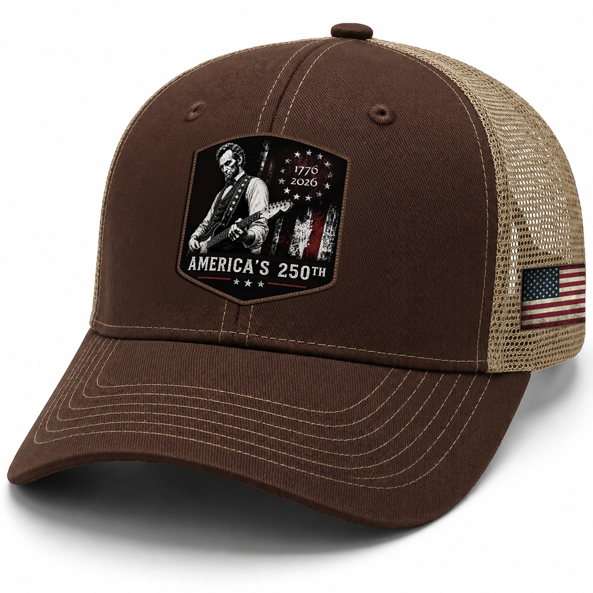 Lincoln Guitar 250th Anniversary Brown Hat 1776-2026 USA Patriotic Trucker Cap