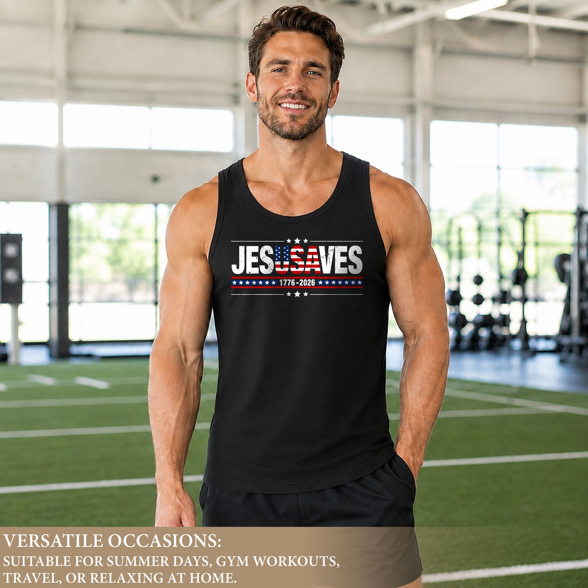 Men's JESUSAVES 1776-2026 Tank Top - Patriotic Graphic Sleeveless Summer Shirt