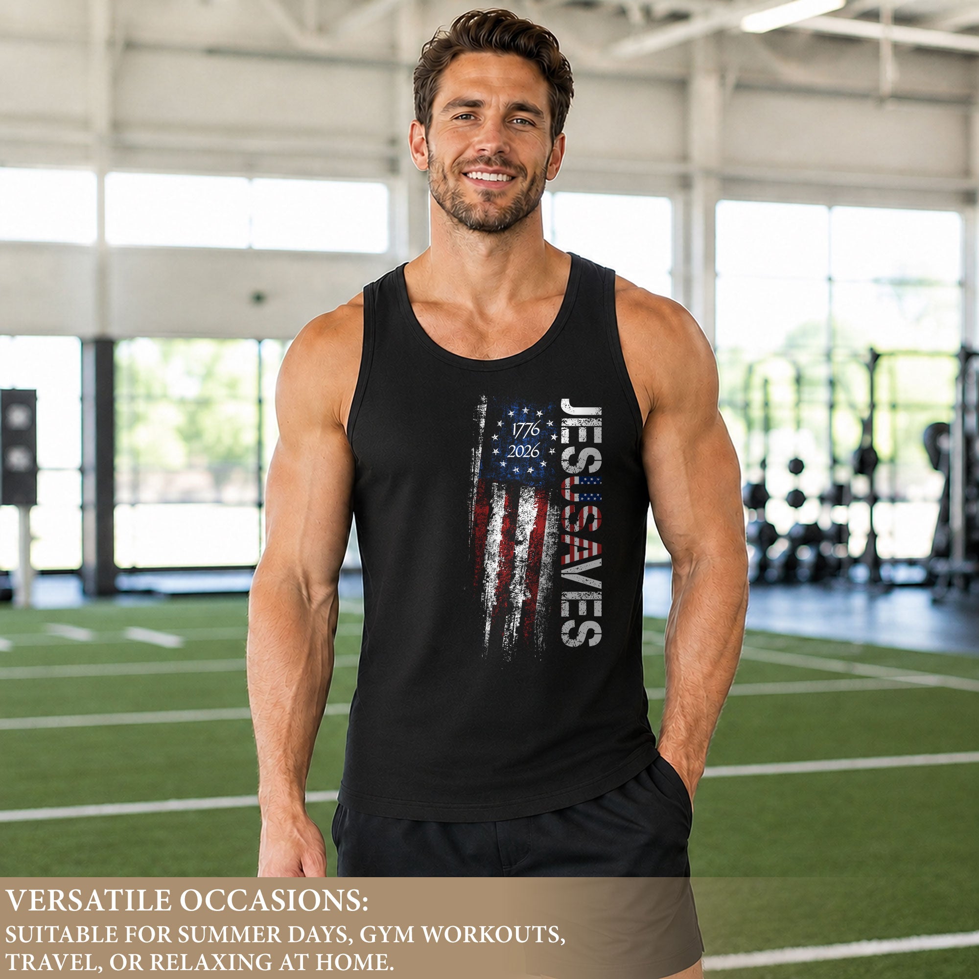 Men's Vertical JESUSAVES 1776-2026 Tank - Patriotic Graphic Sleeveless Summer Top