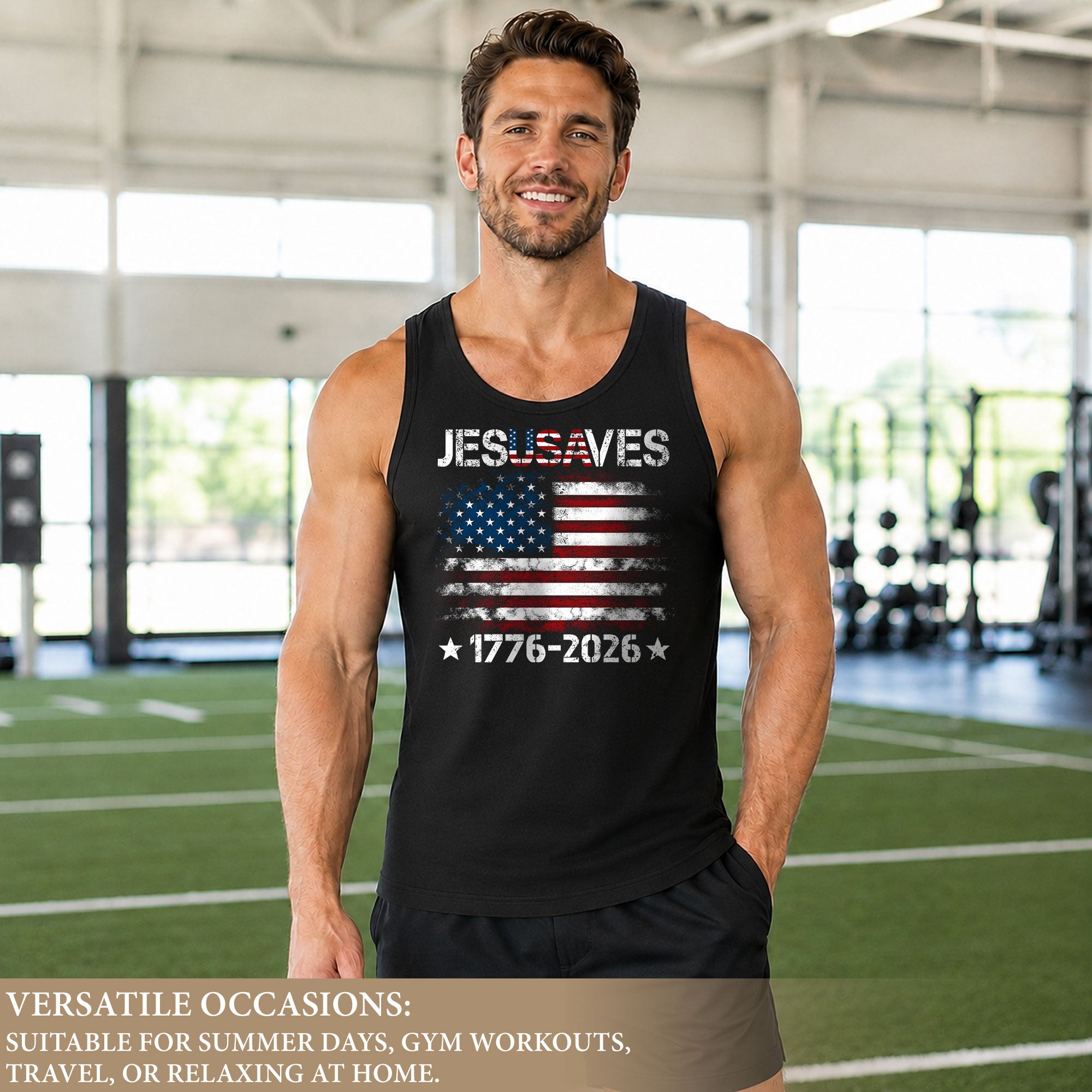Men's Patriotic JESUSAVES 1776-2026 Tank Top - Faith Graphic Sleeveless Shirt