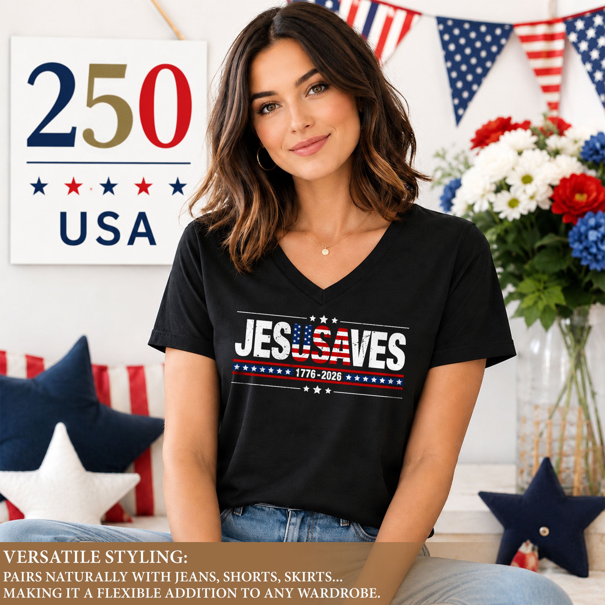 JESUSAVES 1776-2026 Patriotic V-Neck Tee - Women's Graphic Summer Casual Shirt Top