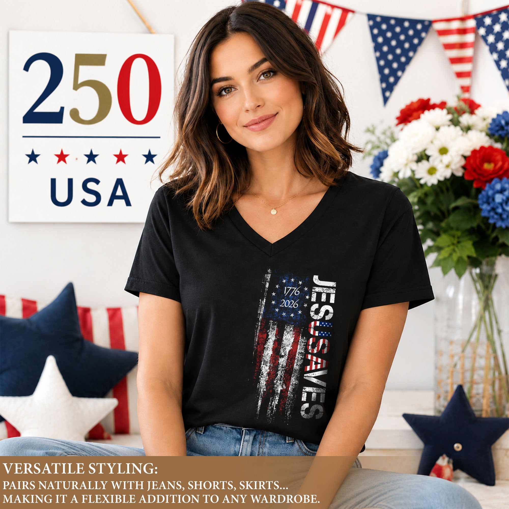JESUSAVES Vertical 1776-2026 V-Neck Tee - Women's Graphic Patriotic Summer Shirt