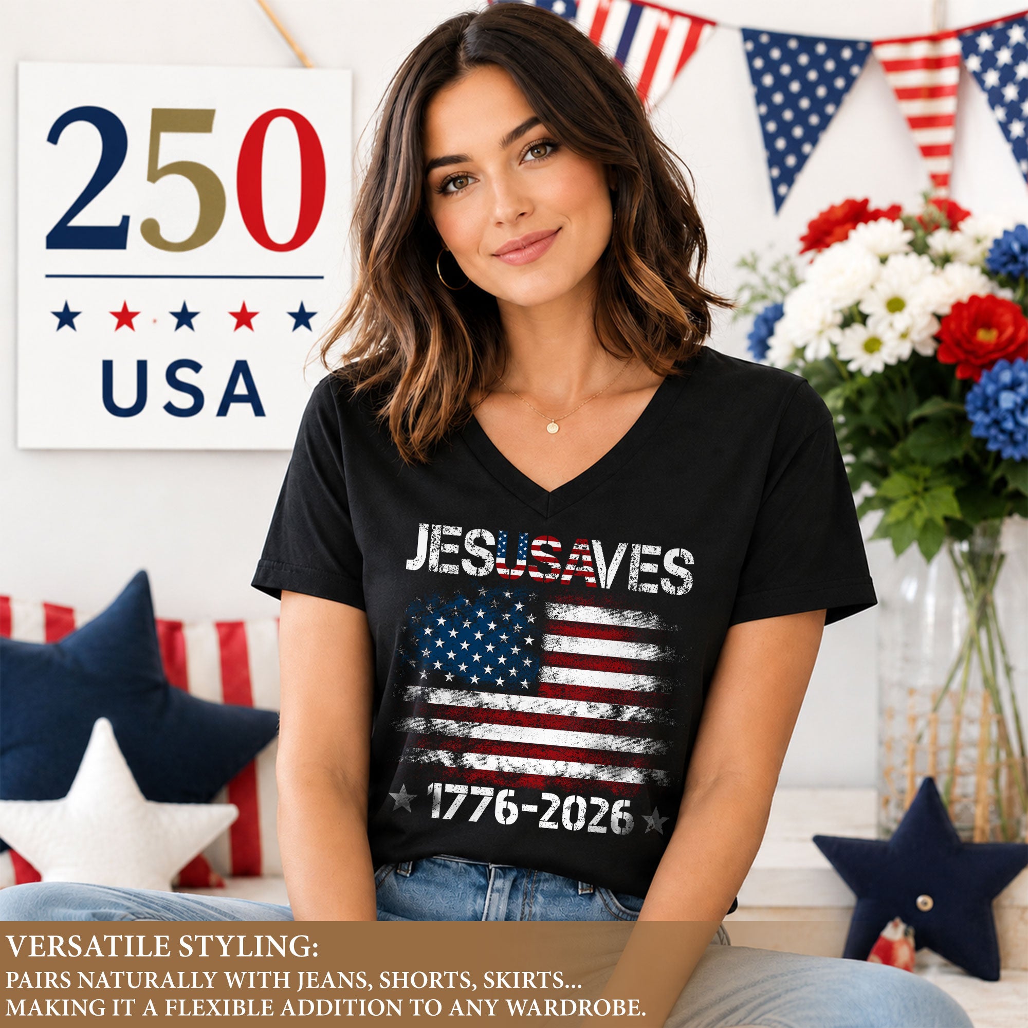 Women's Flag JESUSAVES 1776-2026 V-Neck Tee - Patriotic Graphic Summer Item