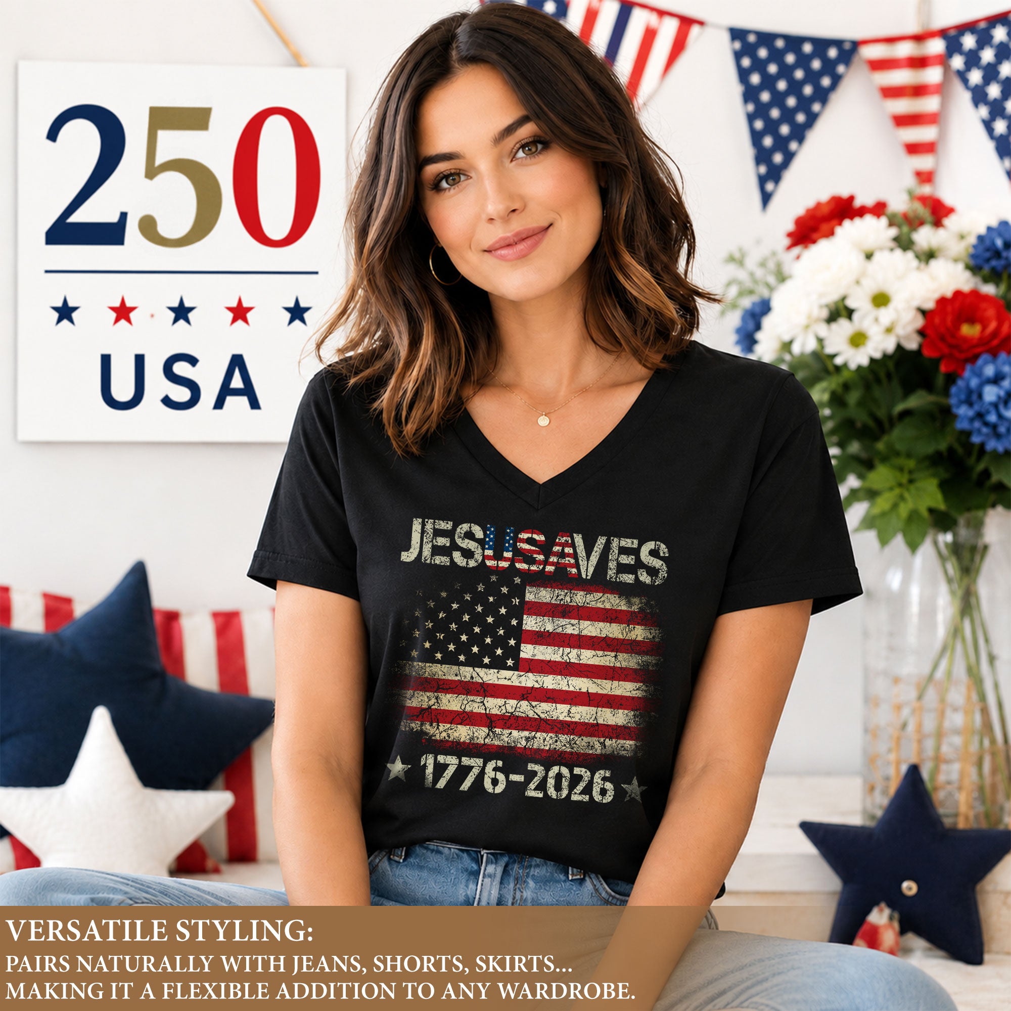 Women's JESUSAVES 1776-2026 V-Neck Tee - Patriotic Faith Graphic Summer Shirt