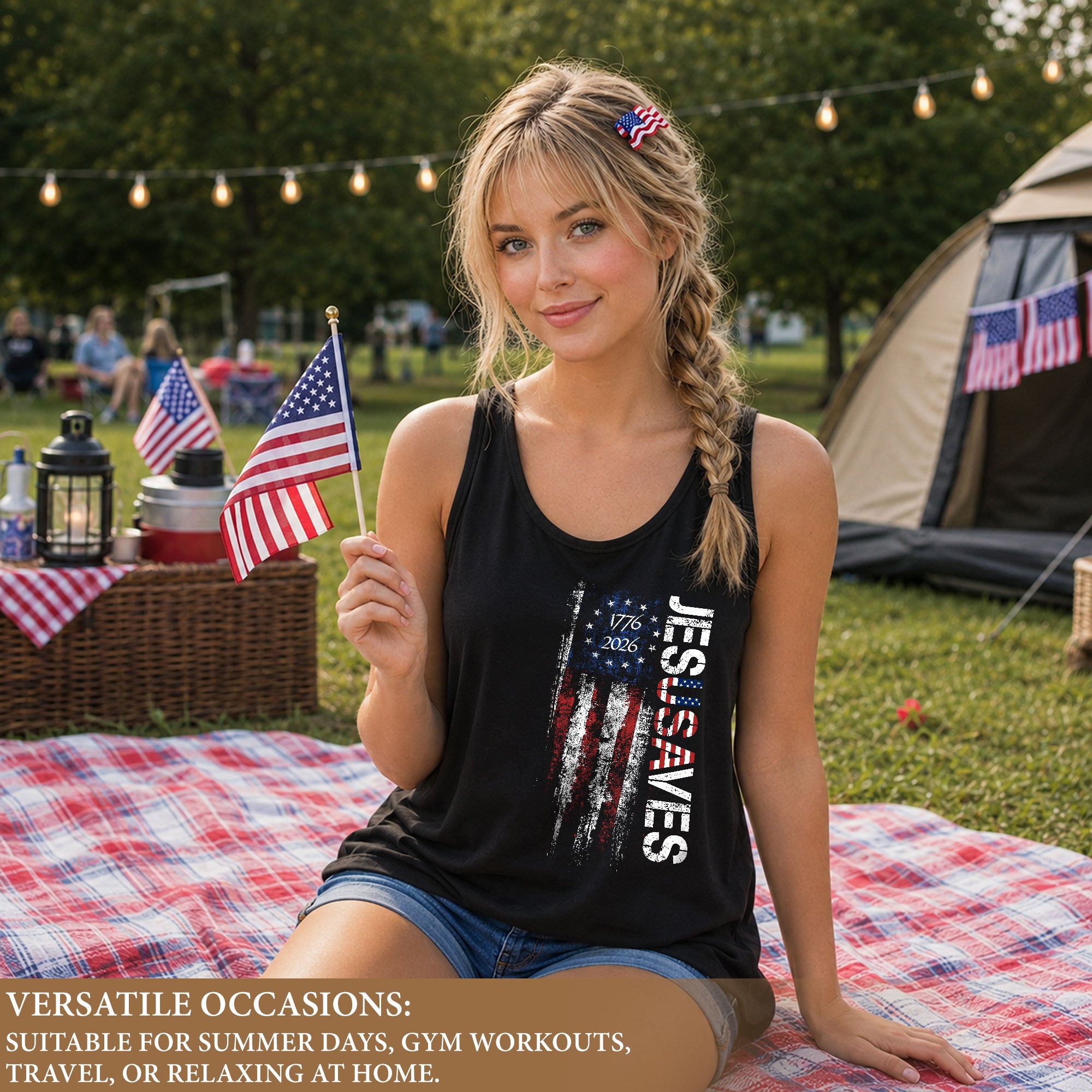 JESUSAVES Women's Tank Top Patriotic Flag 1776-2026 Christian Faith Graphic Shirt