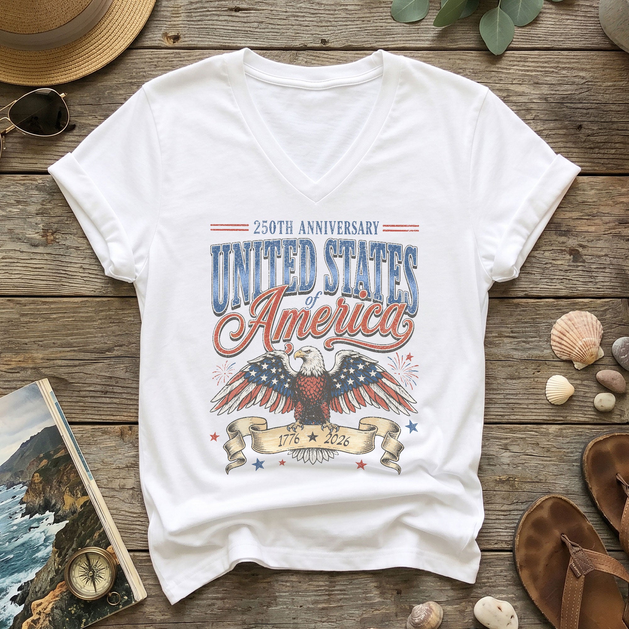 250th Anniversary United States Of America V-Neck Tee Patriotic Women's Holiday Shirt