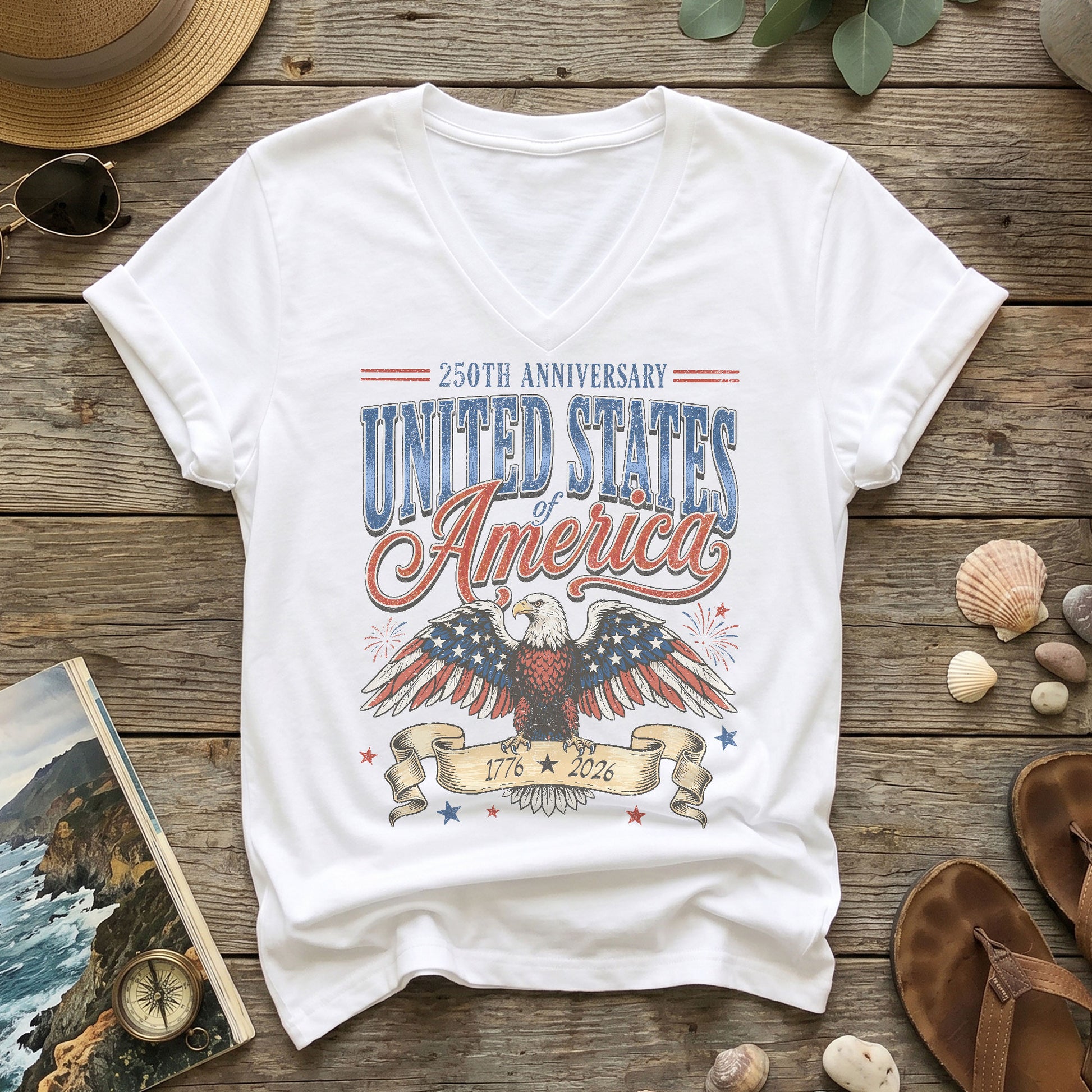 250th Anniversary United States Of America V-Neck Tee Patriotic Women's Holiday Shirt - Rust Field Wear