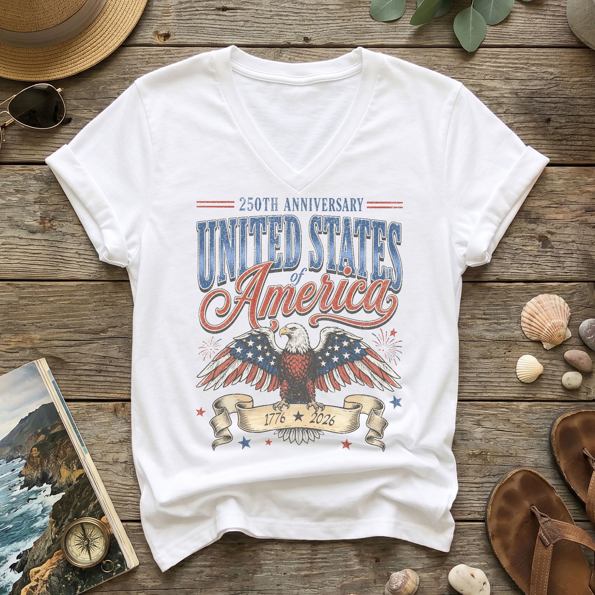 250th Anniversary United States Of America V-Neck Tee Patriotic Women's Holiday Shirt - Rust Field Wear