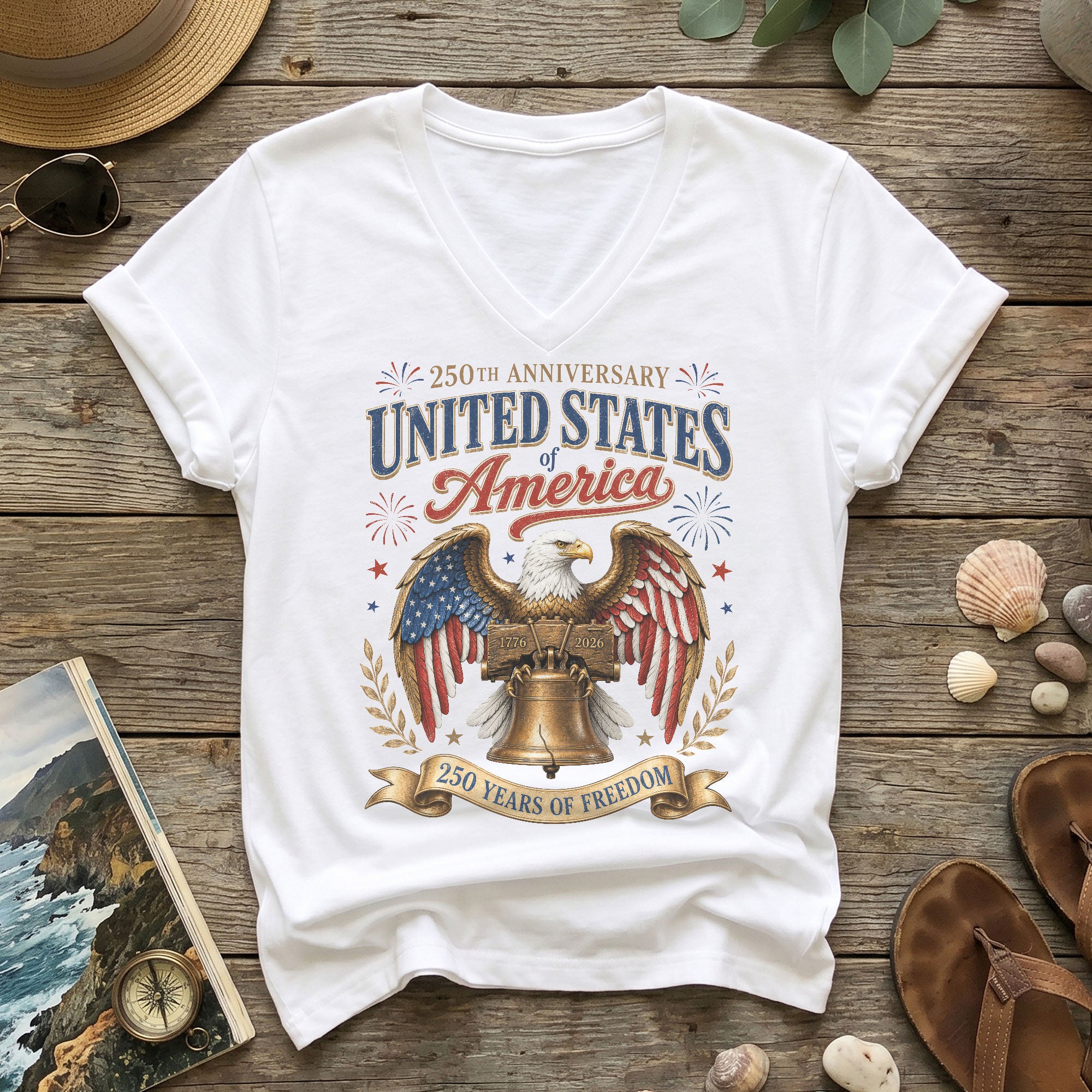 Patriotic 250th Anniversary V-Neck T-Shirt United States Of America Freedom Graphic - Rust Field Wear