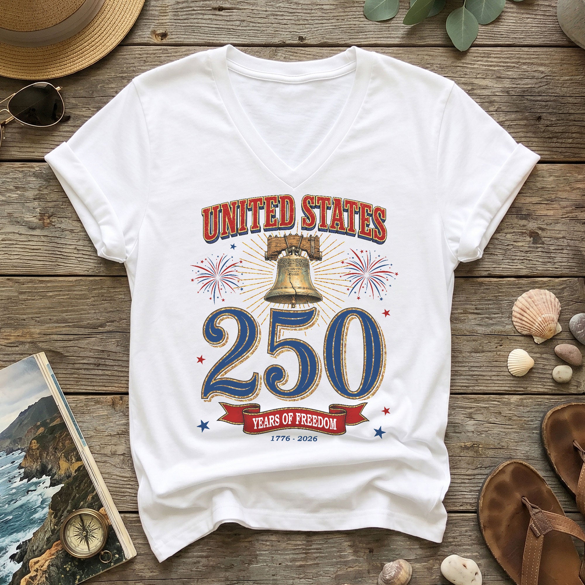 Women's V-Neck Graphic Top United States 250 Years Anniversary Celebration Tee - Rust Field Wear