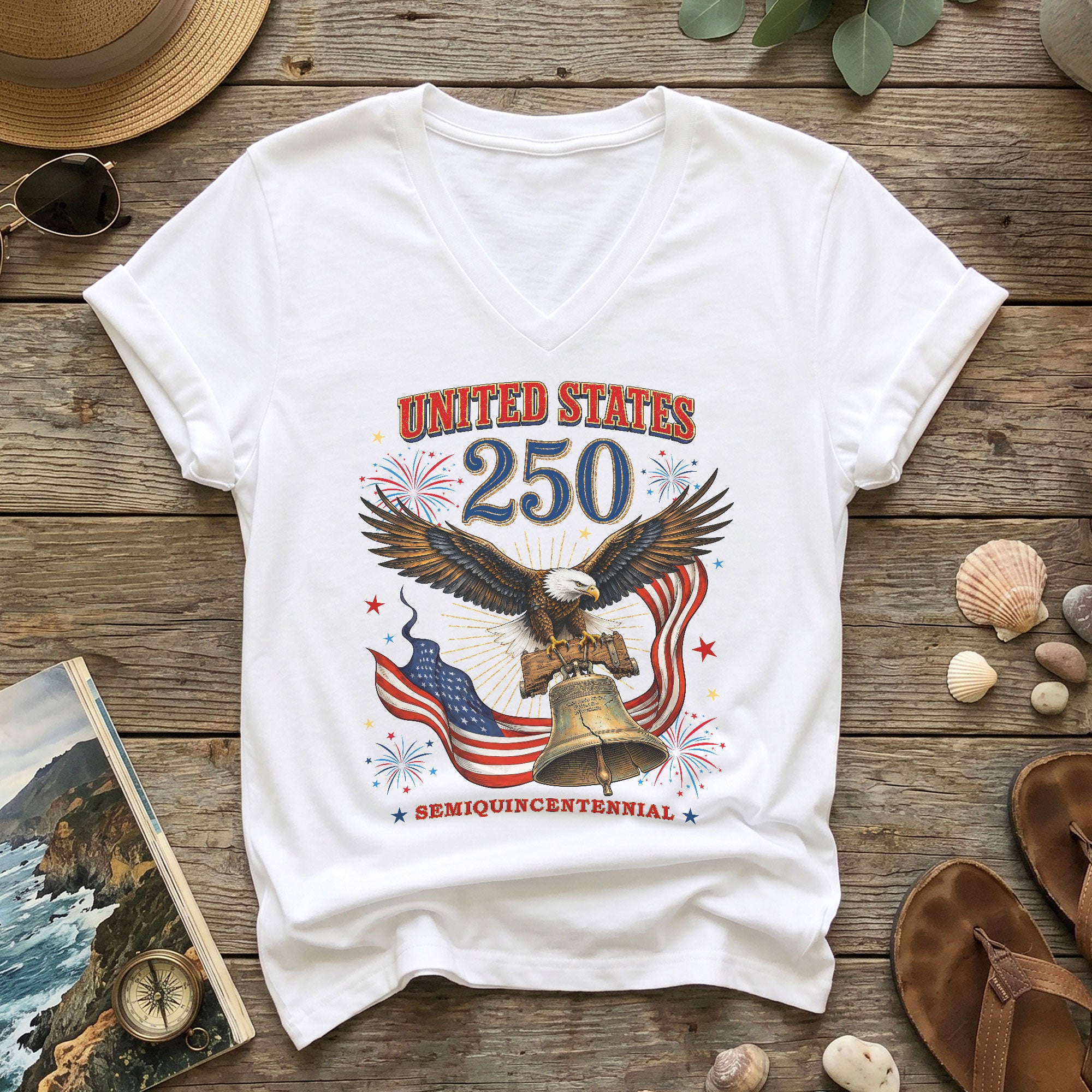 Historical United States 250th Anniversary V-Neck Shirt Patriotic Holiday Wear Tee
