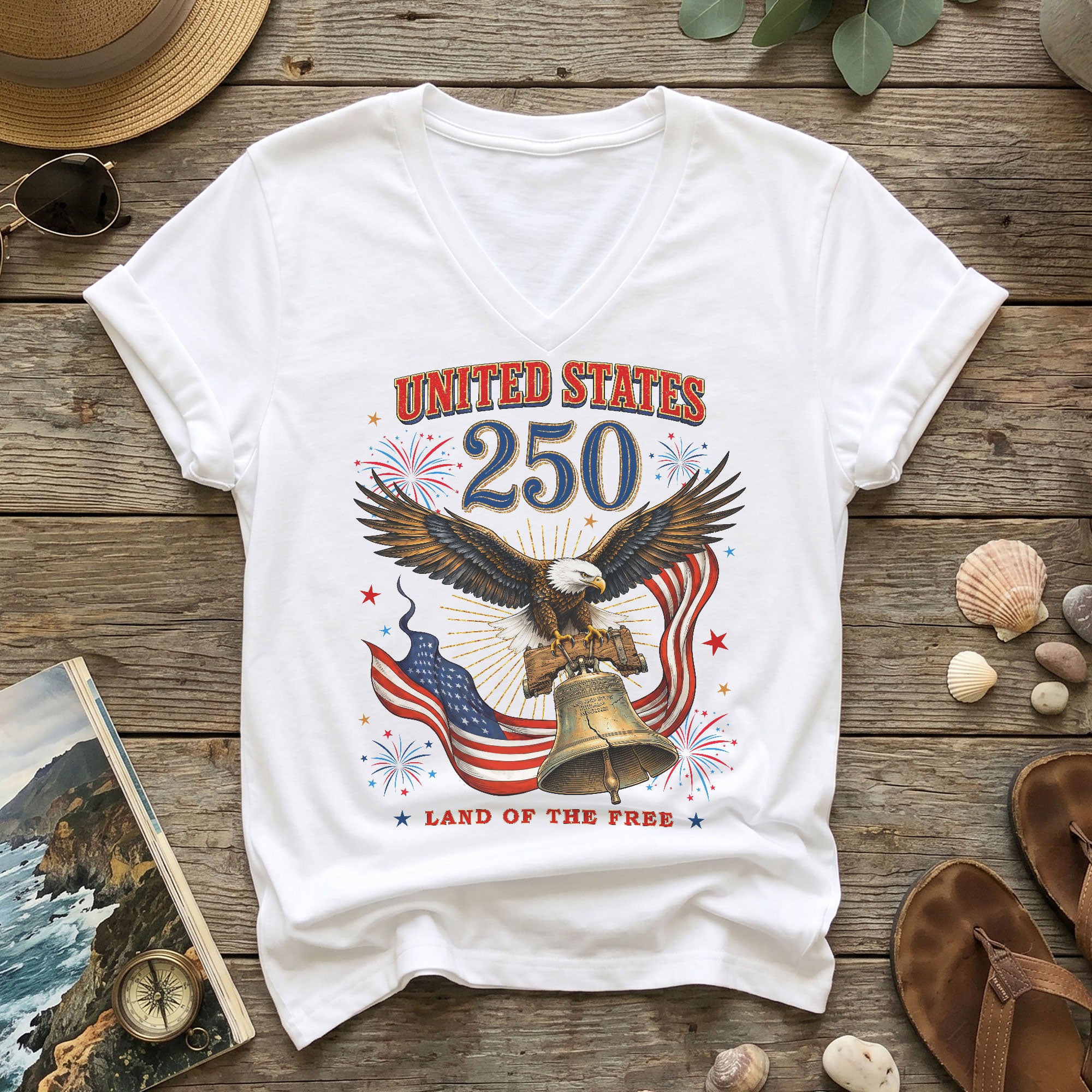 Historical United States 250th Anniversary V-Neck Shirt Patriotic Holiday Wear Tee - Rust Field Wear