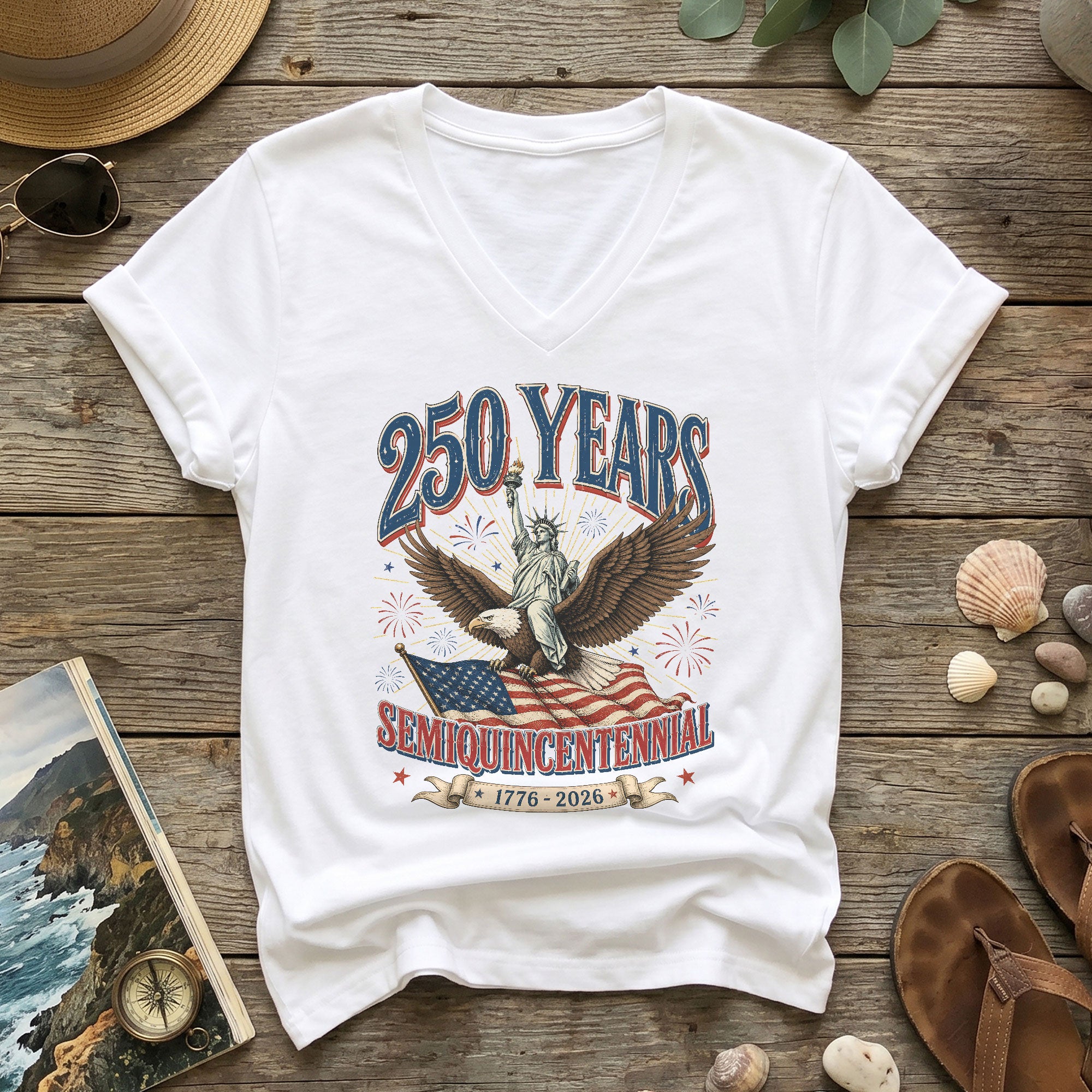 Patriotic United States 250 Years Anniversary V-Neck Tee Holiday Graphic Shirt Apparel