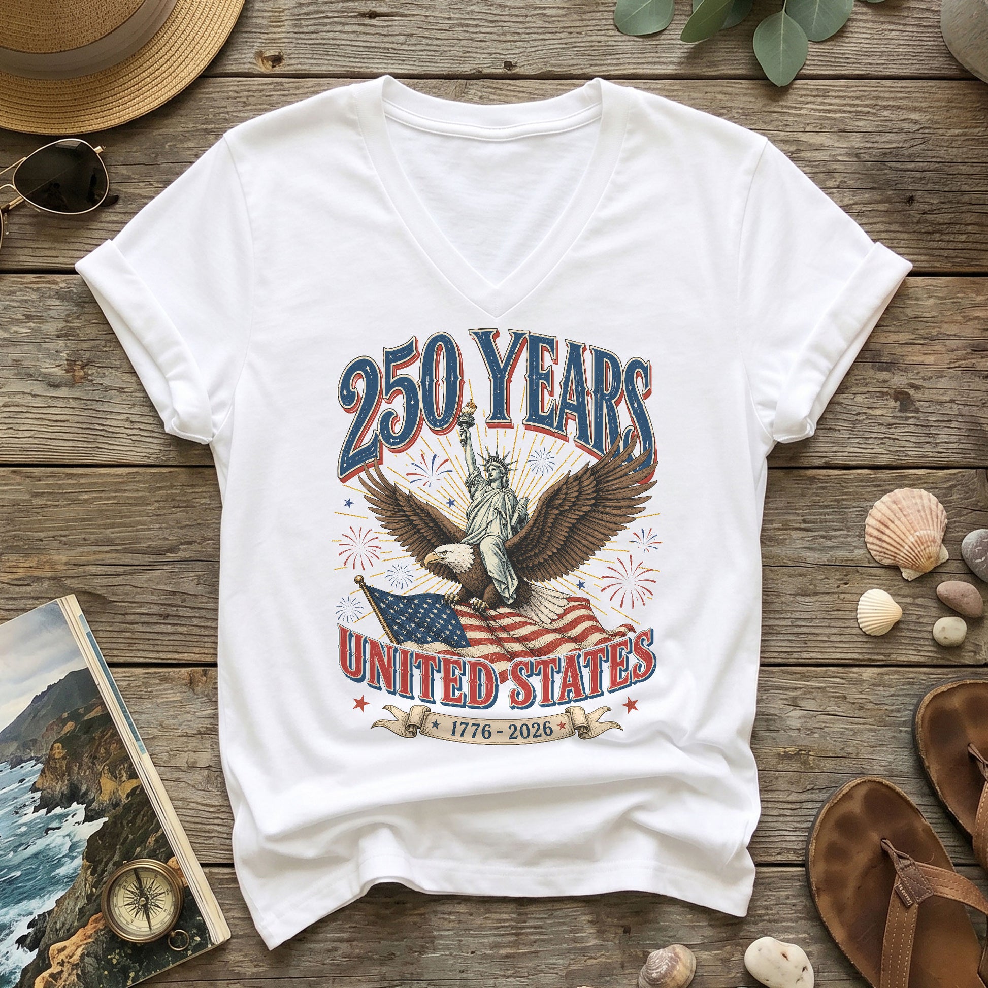 Patriotic United States 250 Years Anniversary V-Neck Tee Holiday Graphic Shirt Apparel - Rust Field Wear