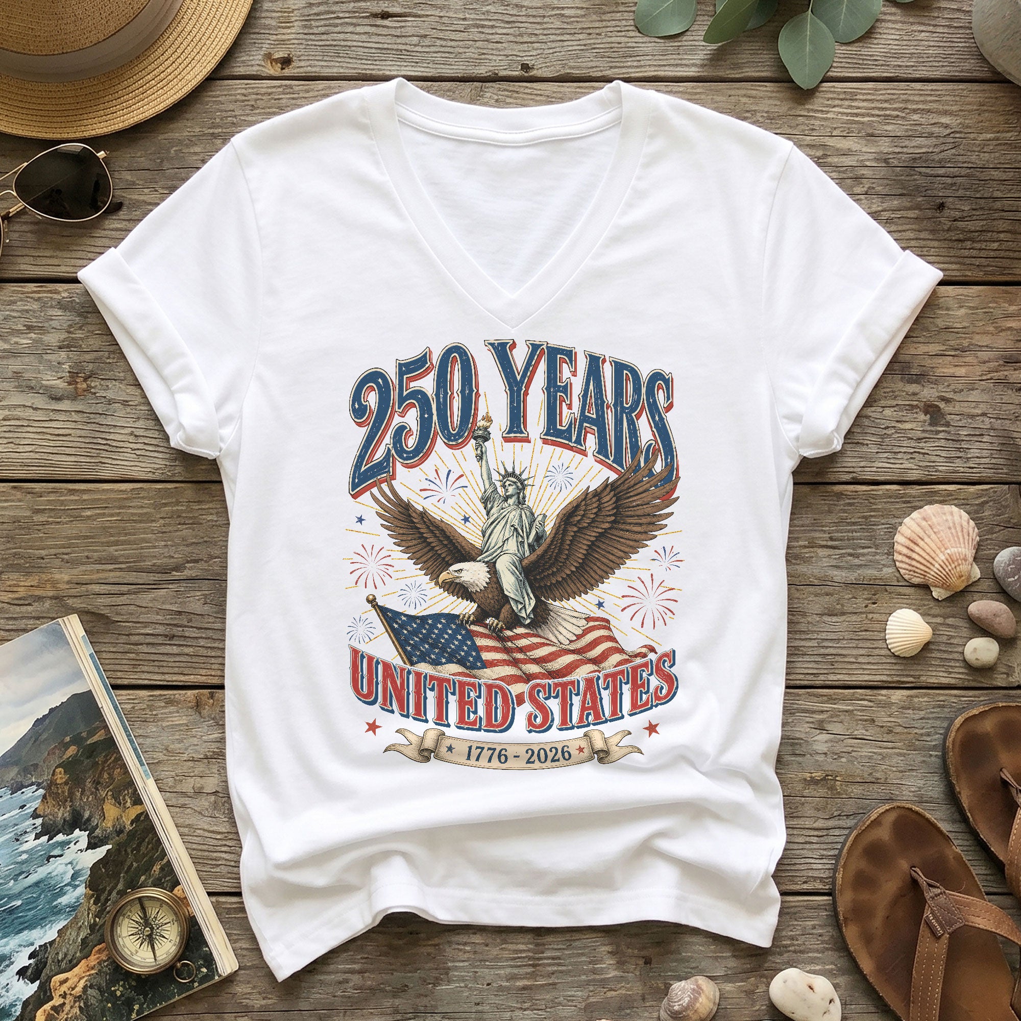 Patriotic United States 250 Years Anniversary V-Neck Tee Holiday Graphic Shirt Apparel - Rust Field Wear