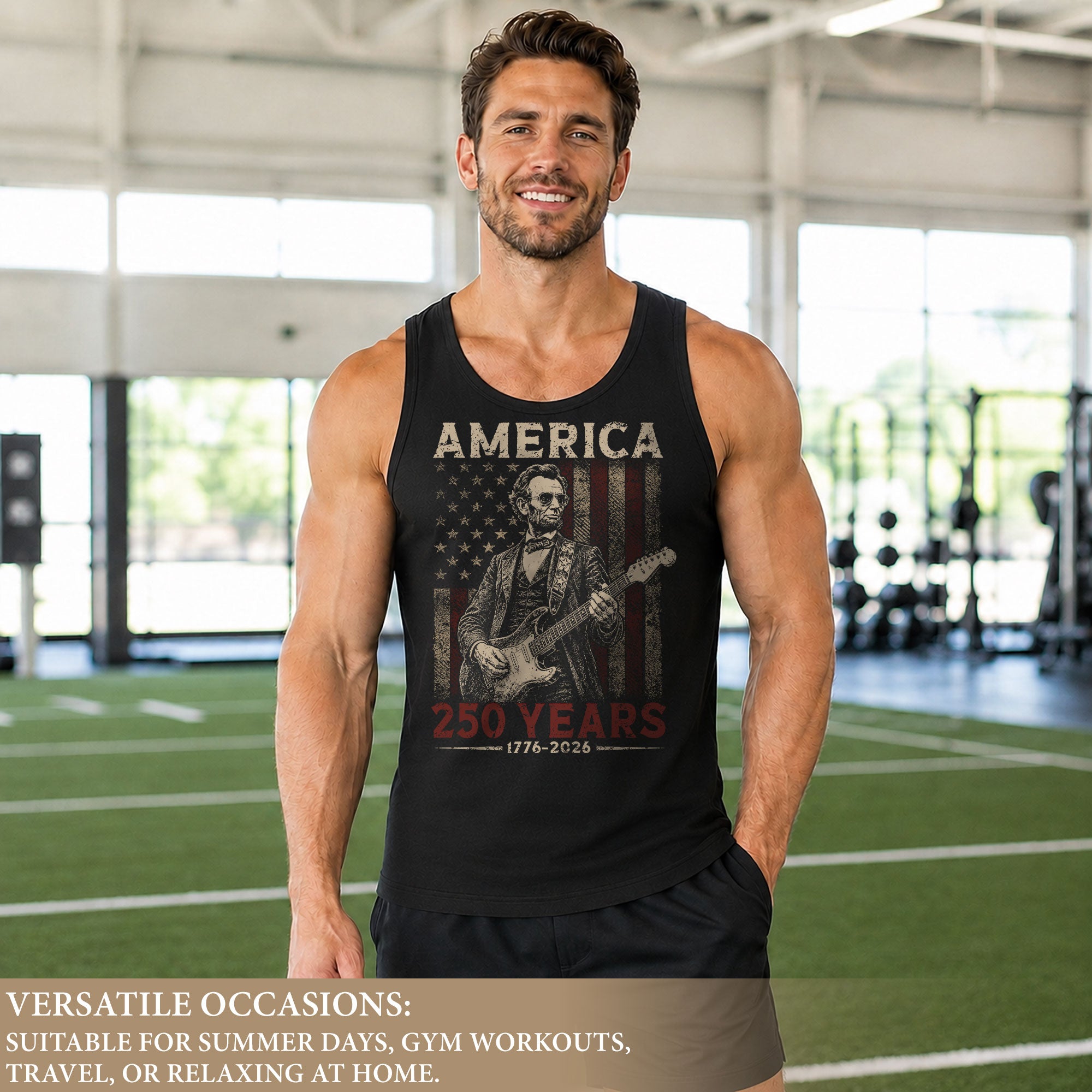 Abraham Lincoln Guitar Men Tank Top - Patriotic 1776 2026 Distressed US Flag Mens Shirt