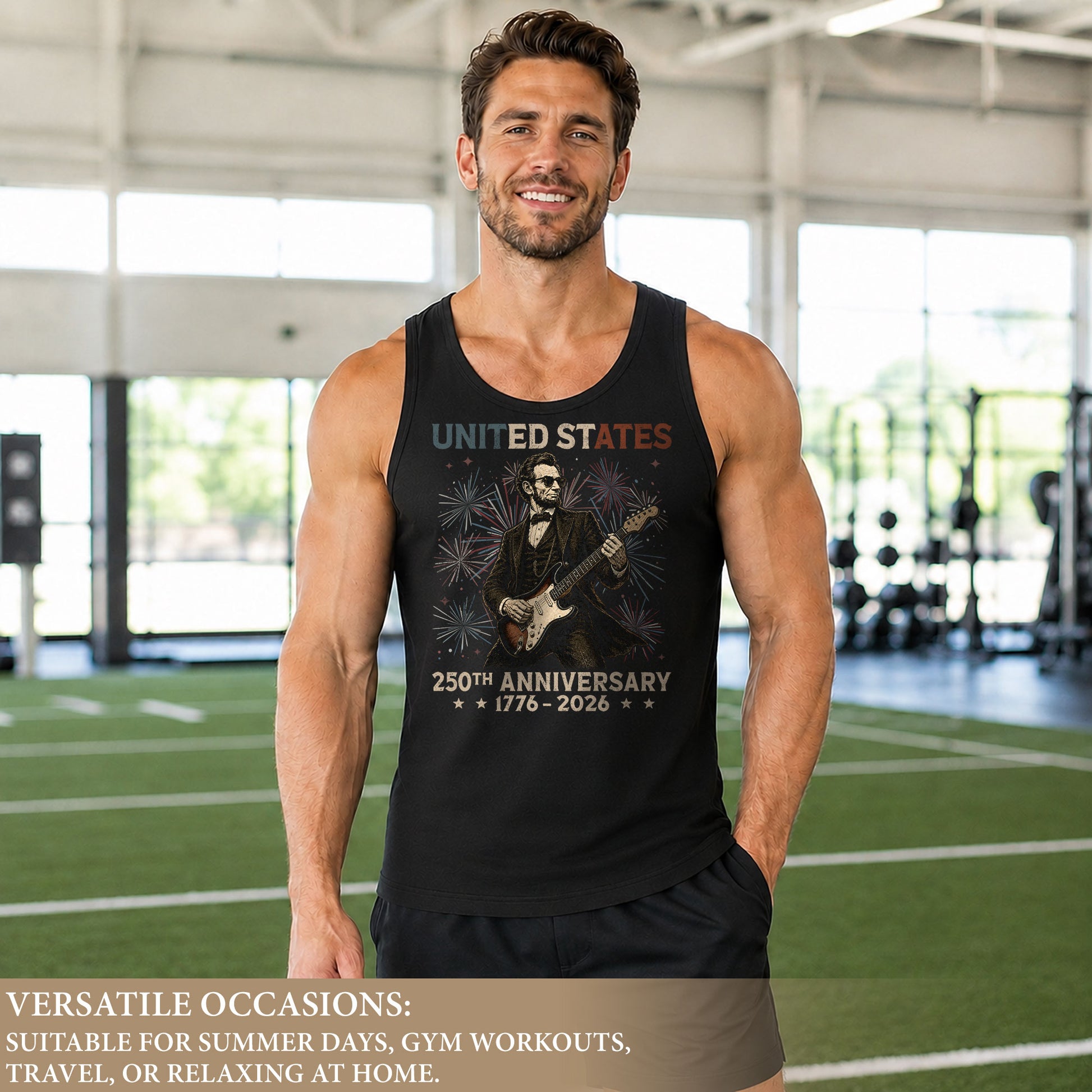 Rockstar Lincoln Fireworks Men Tank Top - Patriotic 1776 2026 Guitar Vintage Gym Shirt - Rust Field Wear